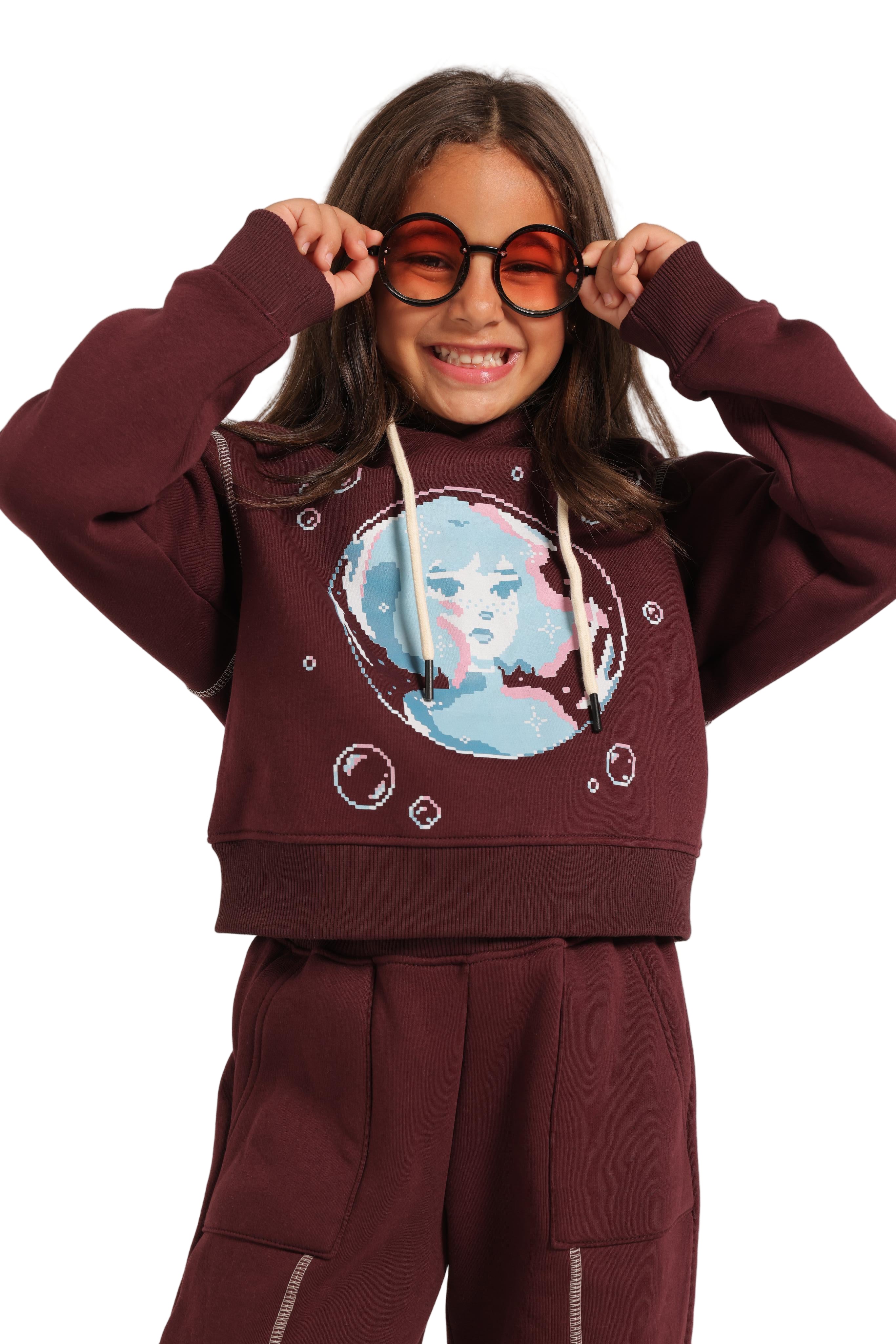 Girls' Winter Pajama Set –Burgundy Hoodie and Burgundy Wide-Leg Pants