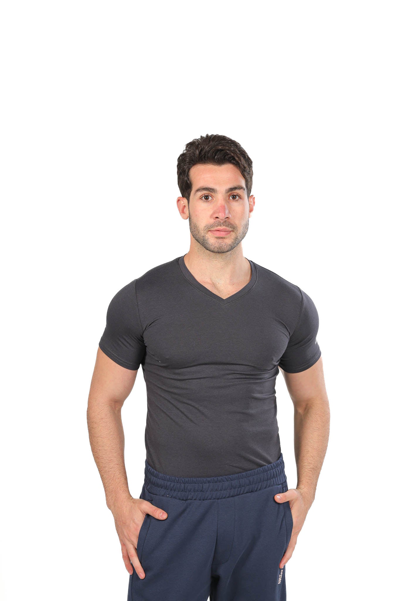 Red Cotton Short Sleeve Undershirt for Men V Neck - Gray
