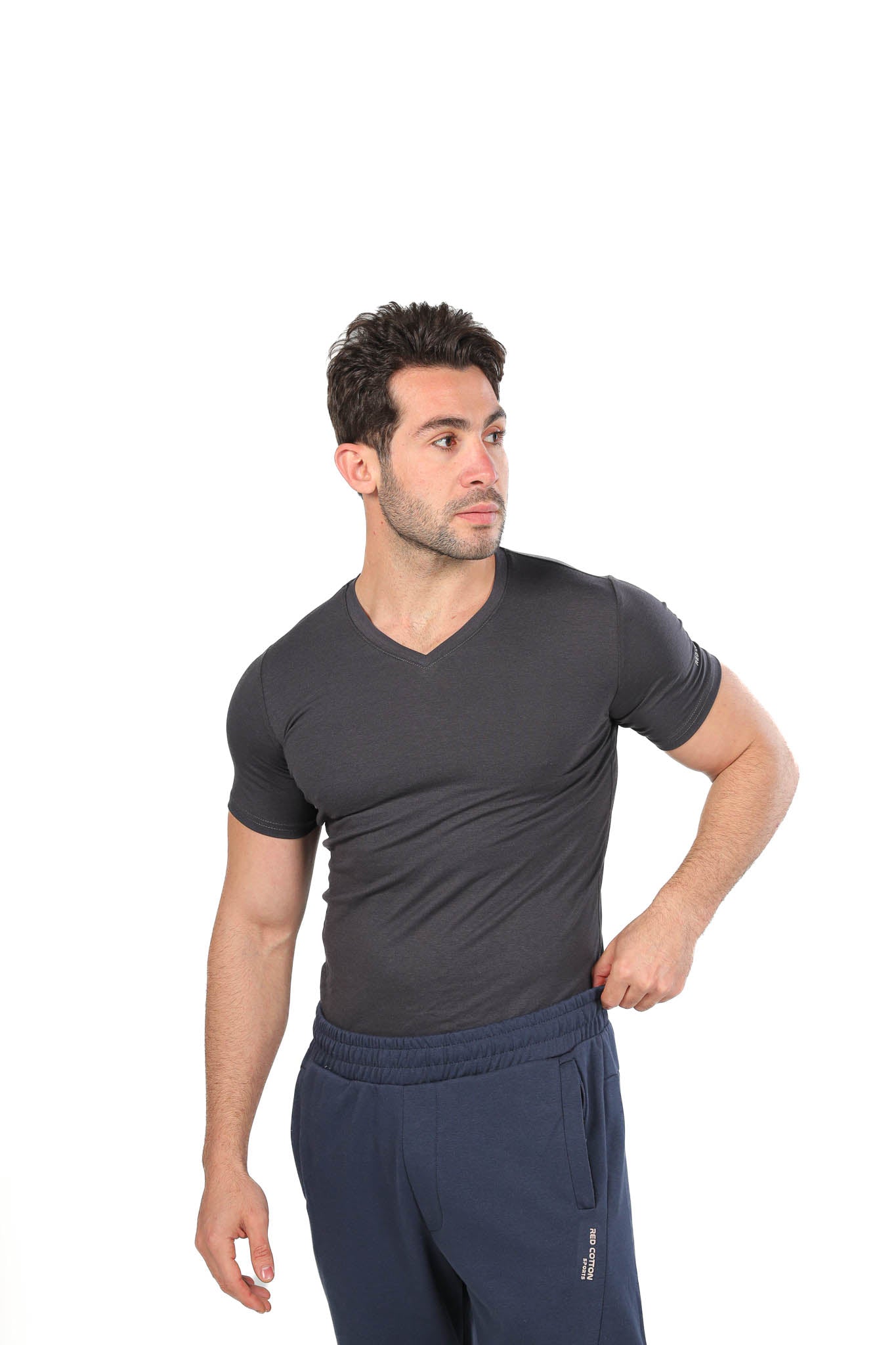 Red Cotton Short Sleeve Undershirt for Men V Neck - Gray