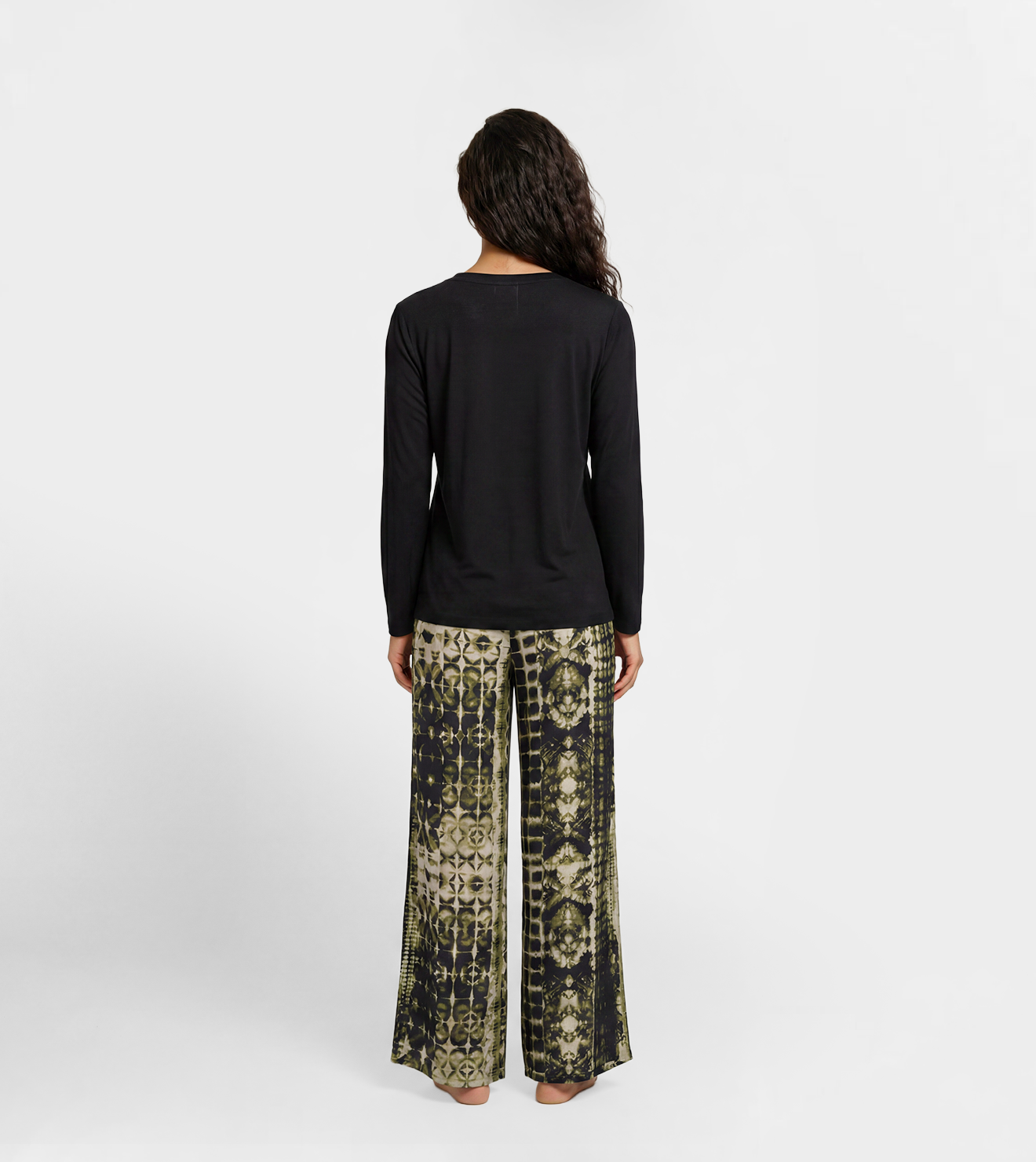 Women Long Sleeve Top & Printed Wide Leg Pants Set