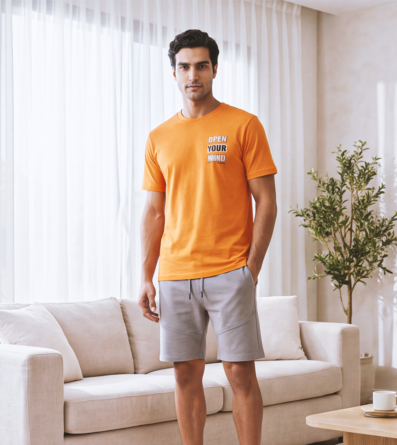Men's Summer Melton Pajama Set – Round Neck T-Shirt with Chest Print & Shorts