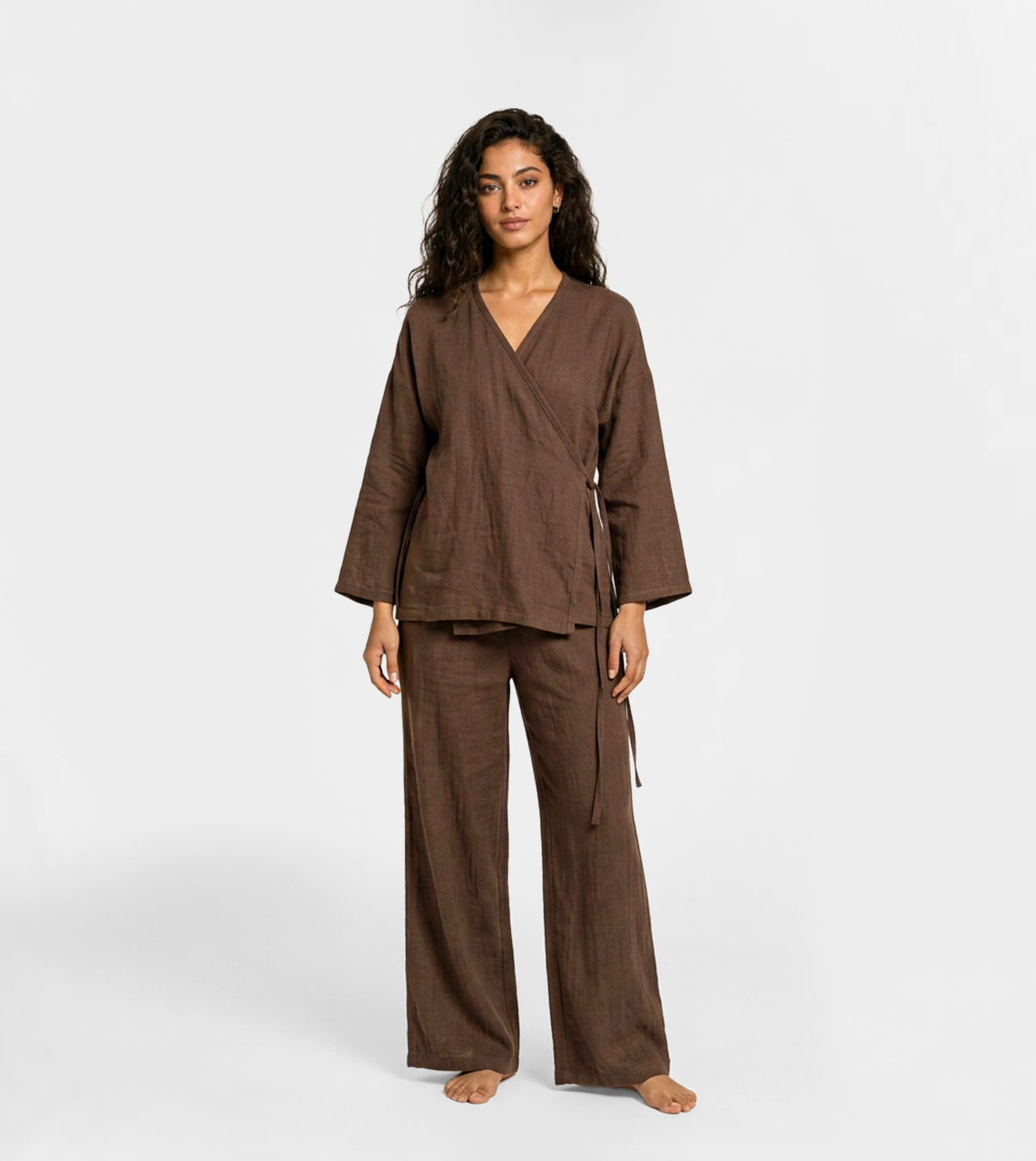 Women Lounge Set Wide-Legs Linen in Rich Brown