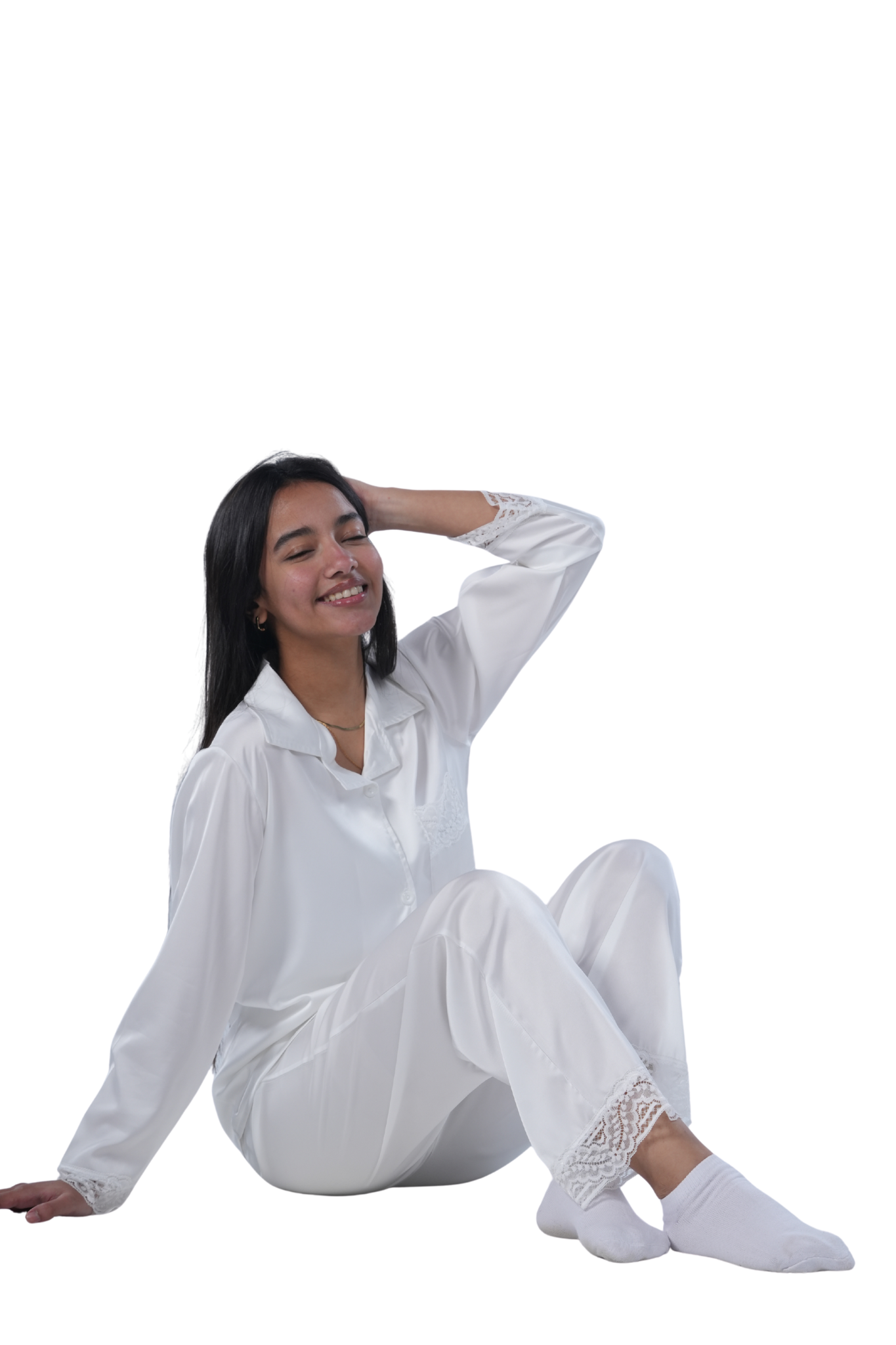 Elegant White Satin Pajama Set with Lace Trim