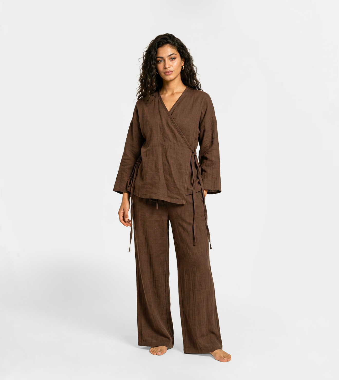 Women Linen Lounge Set | Wide-Leg Pants in Rich Brown