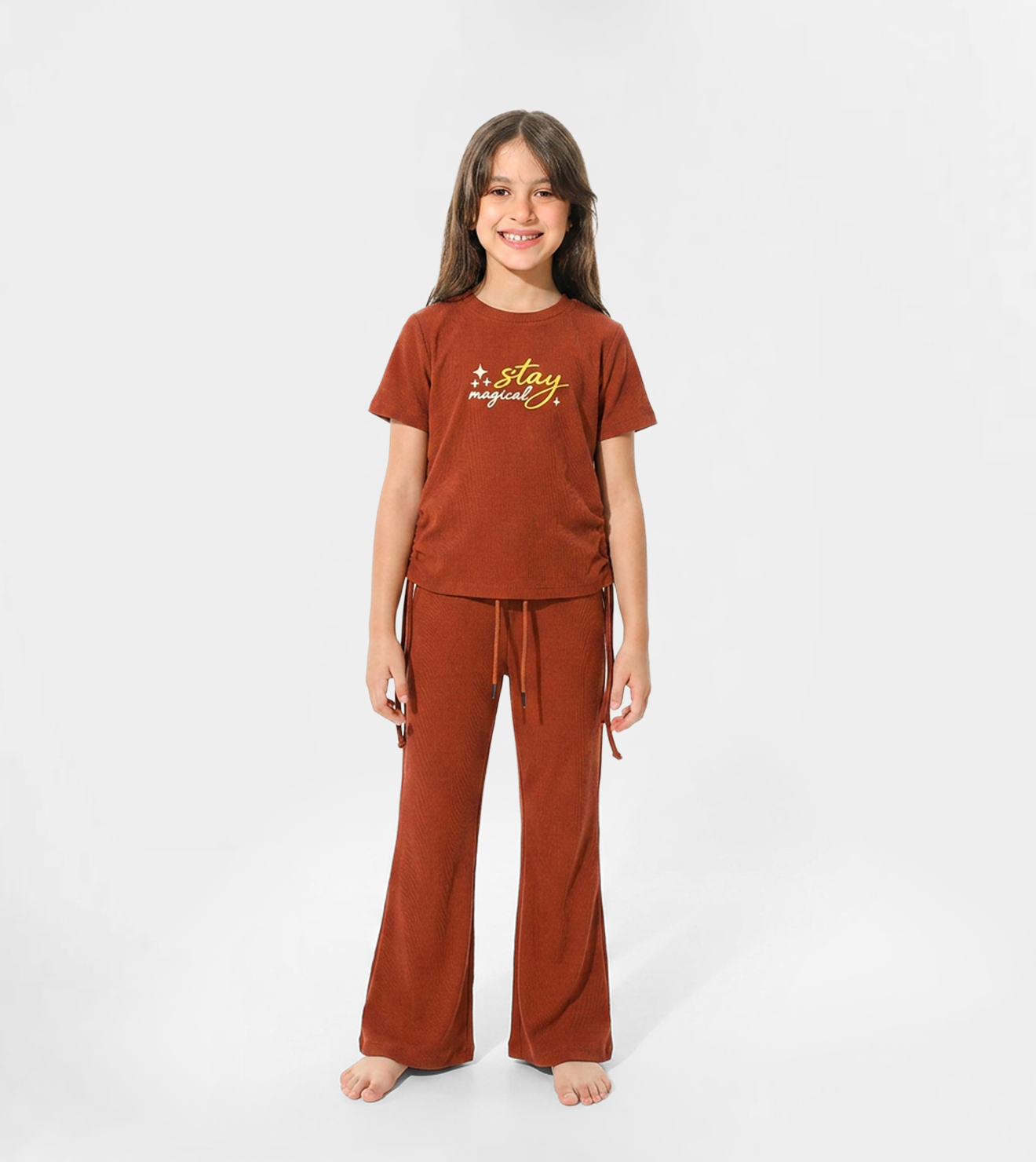 Girls "Stay Magical" Polyester Pajama Set in Rust Brown