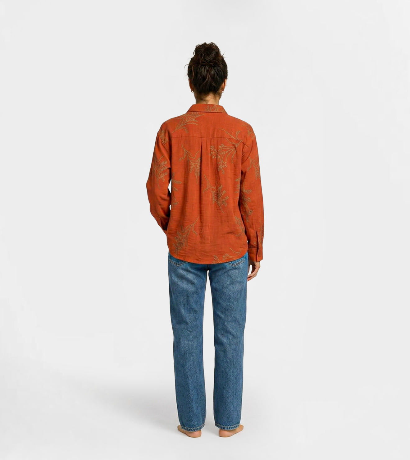 Women Long-Sleeve Embroidered Shirt in Burnt Orange