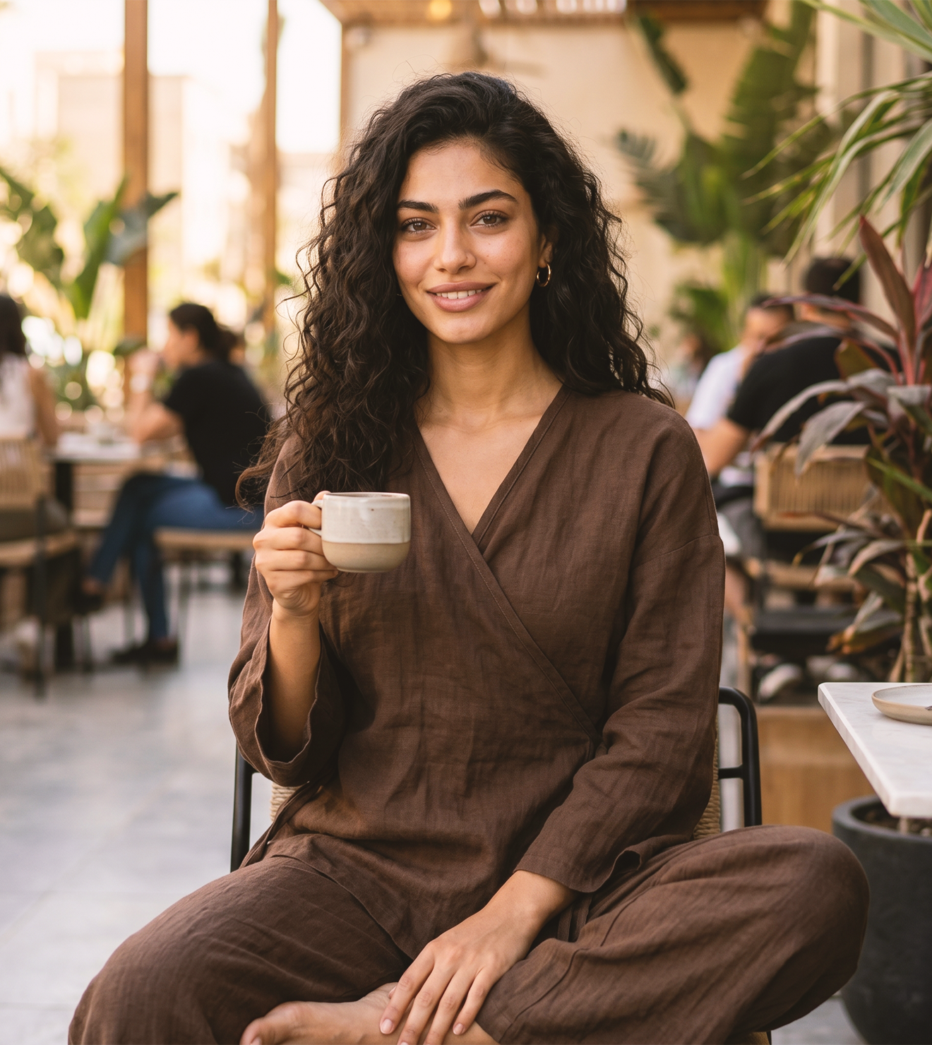 Women Linen Lounge Set | Wide-Leg Pants in Rich Brown