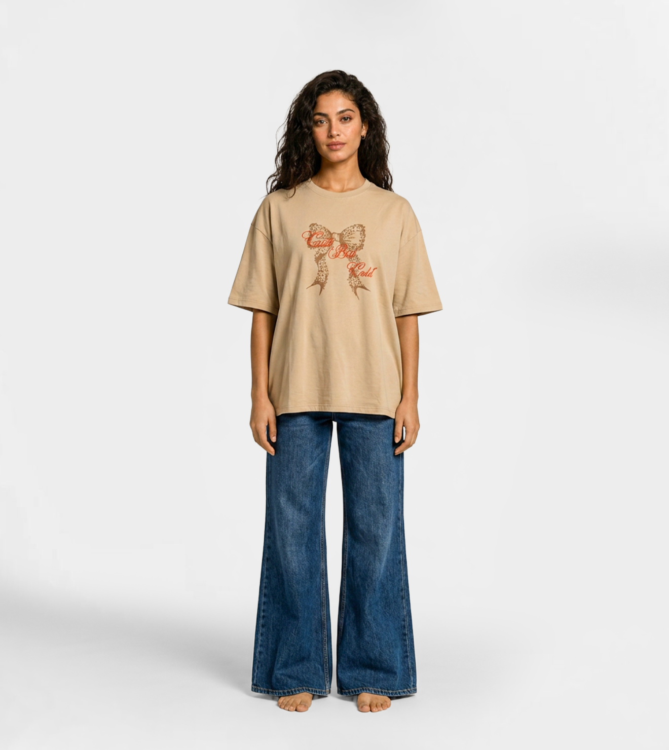 Women’s Oversized Short Sleeve T-Shirt with Front Print – Beige