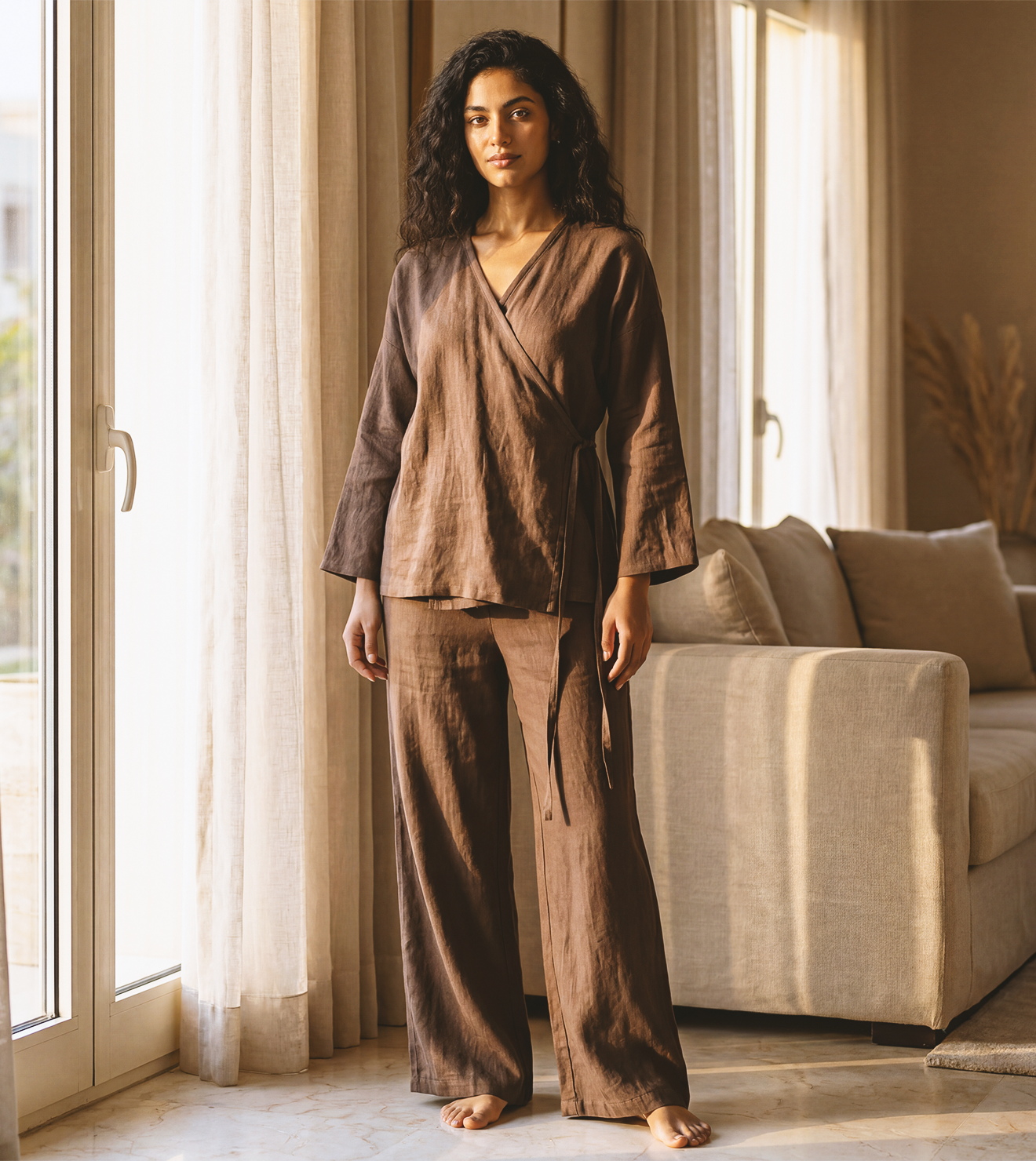 Women Lounge Set Wide-Legs Linen in Rich Brown