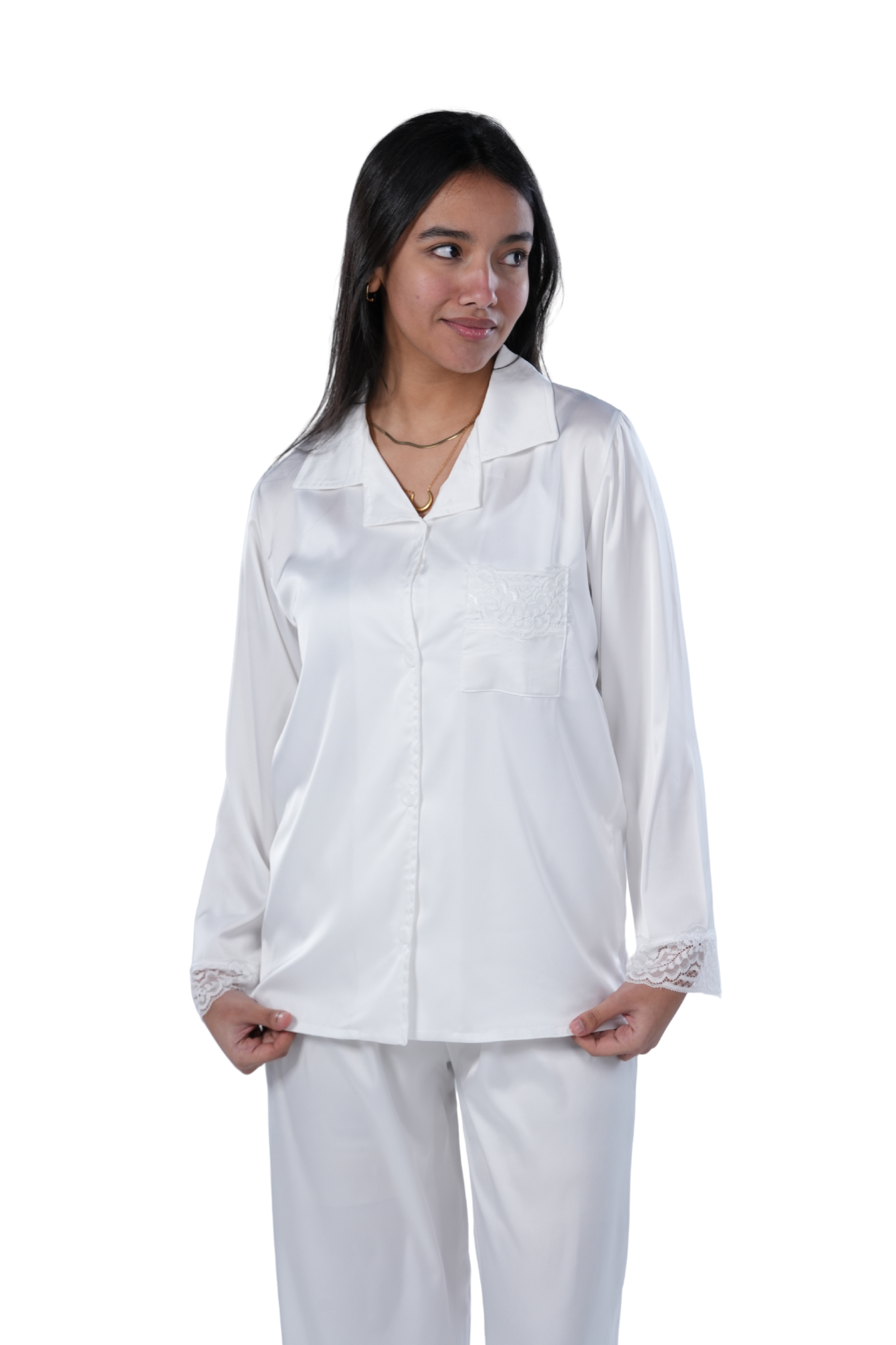 Elegant White Satin Pajama Set with Lace Trim