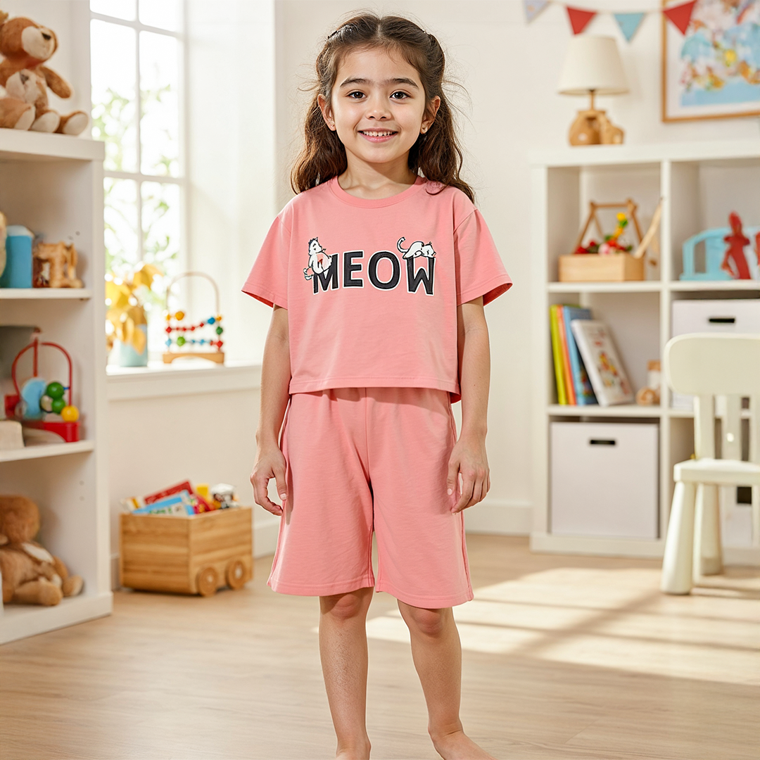 Girls’ Pink Meow Printed Short Set