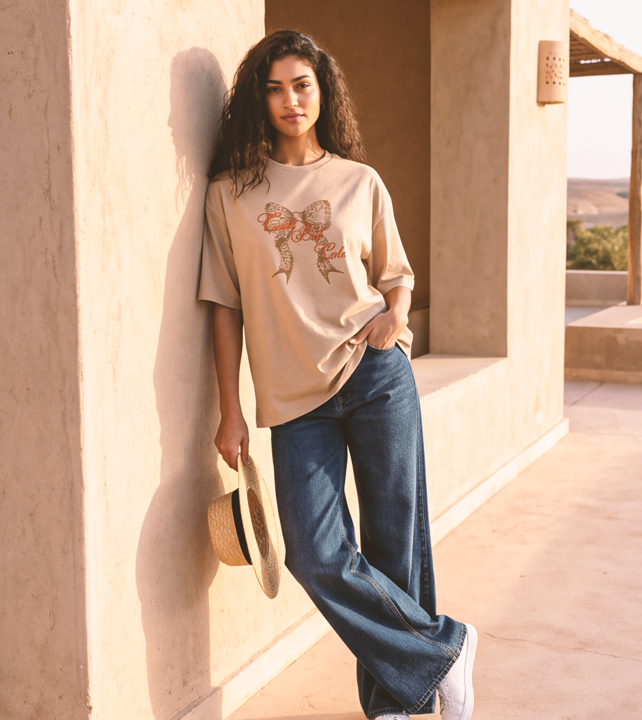 Women’s Oversized Short Sleeve T-Shirt with Front Print – Beige