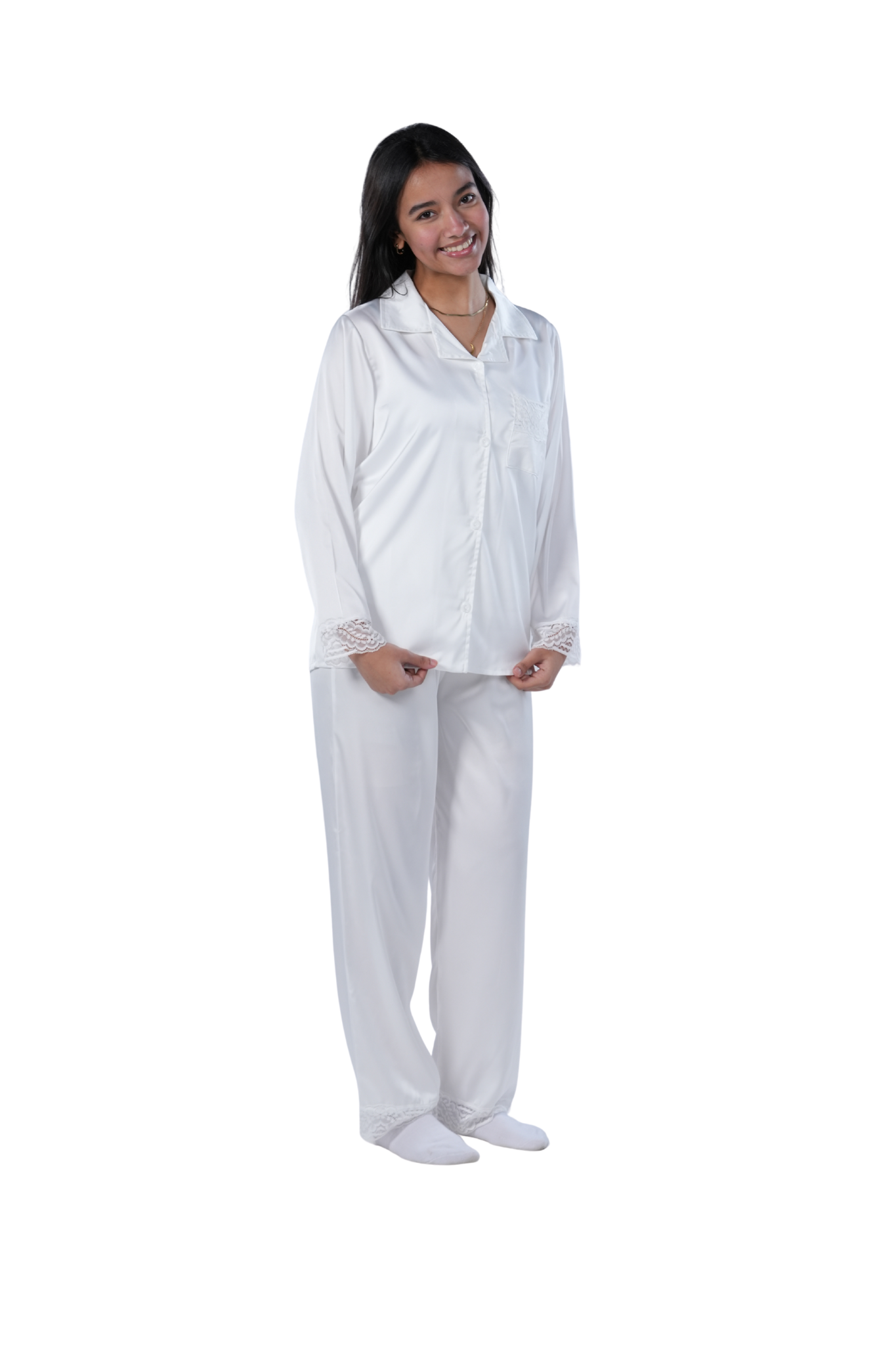 Elegant White Satin Pajama Set with Lace Trim