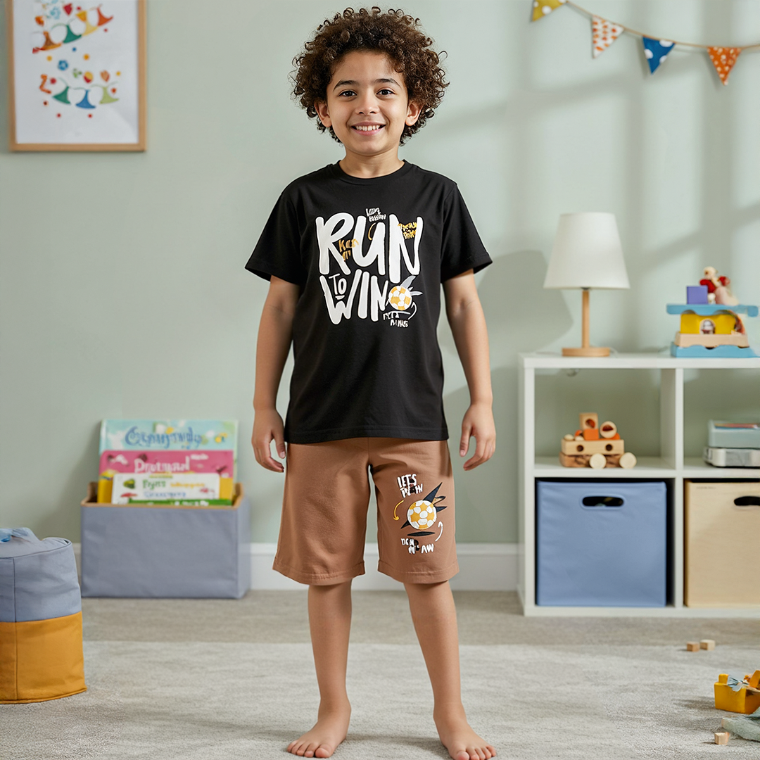 Boys Printed Colorful Summer & Shorts Pajama Set - Black & Café