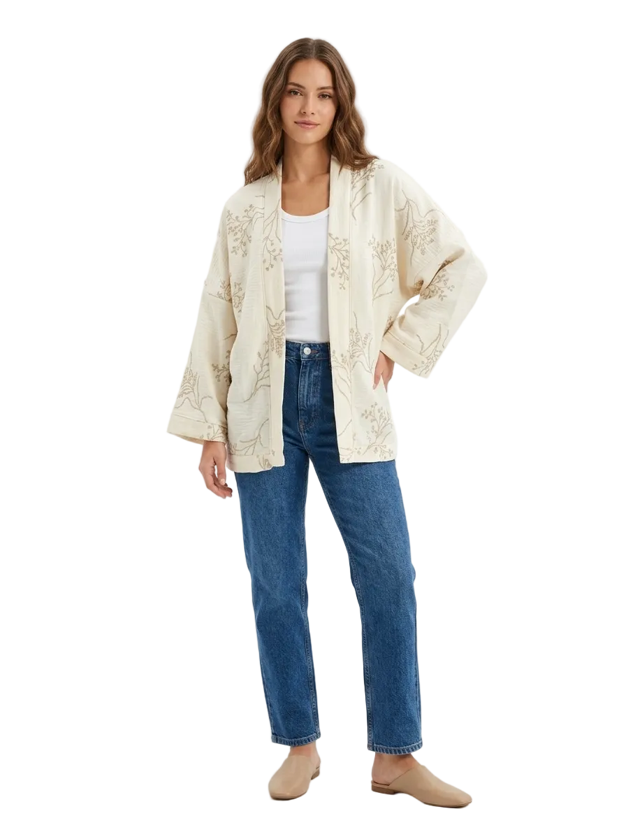 Women Embroidered Cropped Kimono