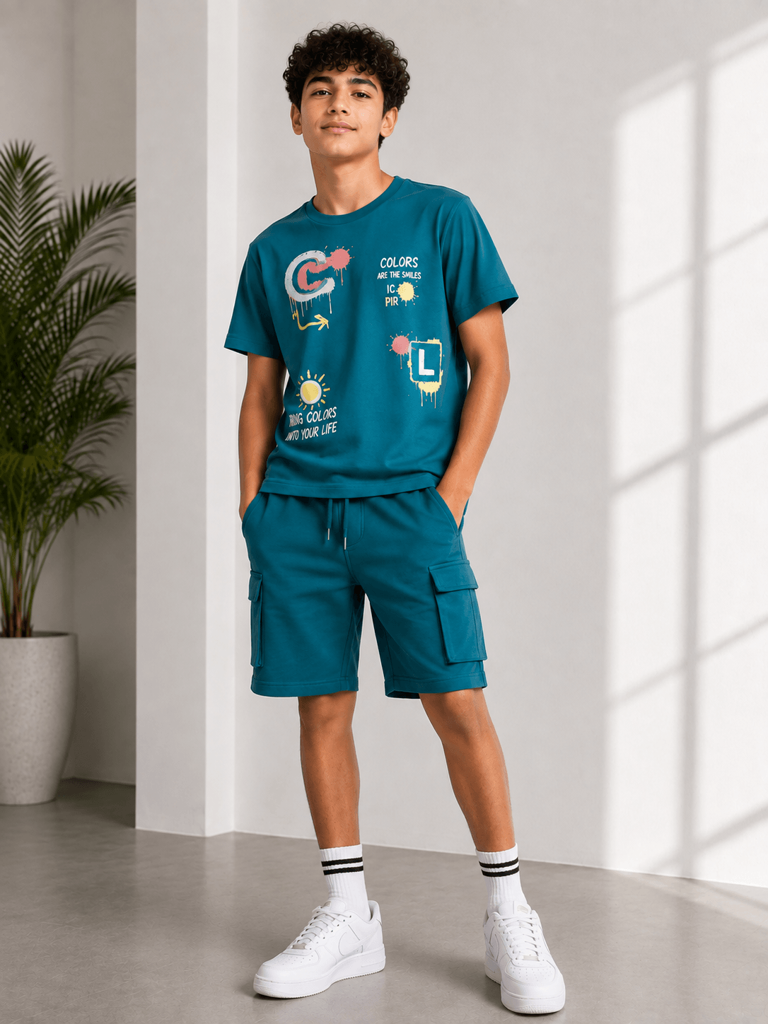 Boys’ Summer Set – Graphic Print T-Shirt & Cargo Shorts – Teal