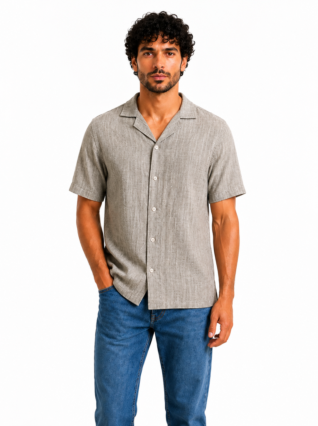 Men Short-Sleeve Camp Collar Linen Shirt in Charcoal Grey