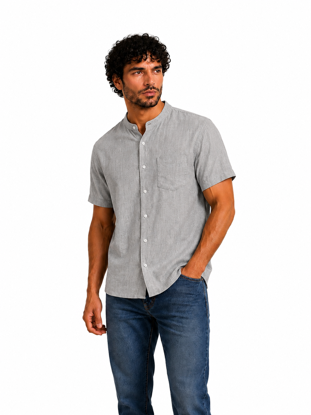 Men Short-Sleeve Mandarin Collar Linen Shirt in Charcoal Grey