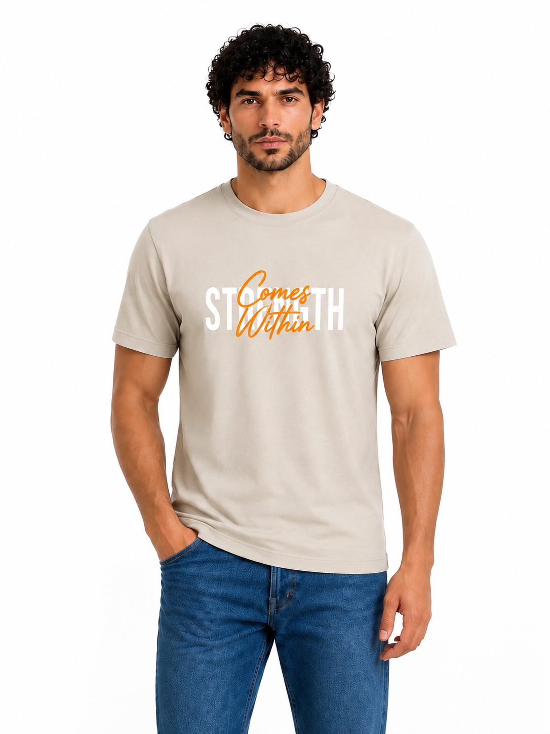 Men "Strength" Script Cotton Tee in Silver