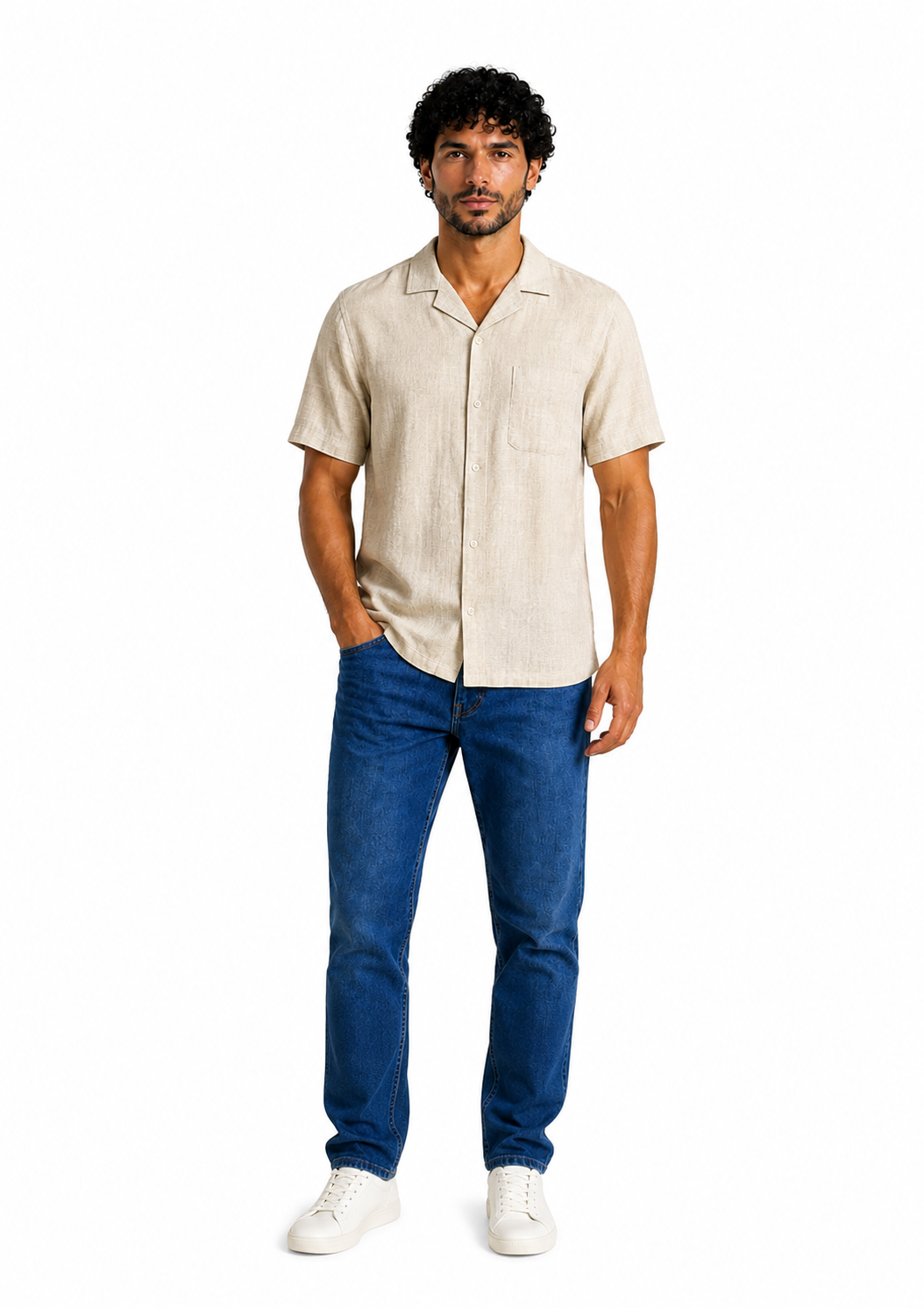 Men Relaxed Short-Sleeve Linen Shirt in Beige