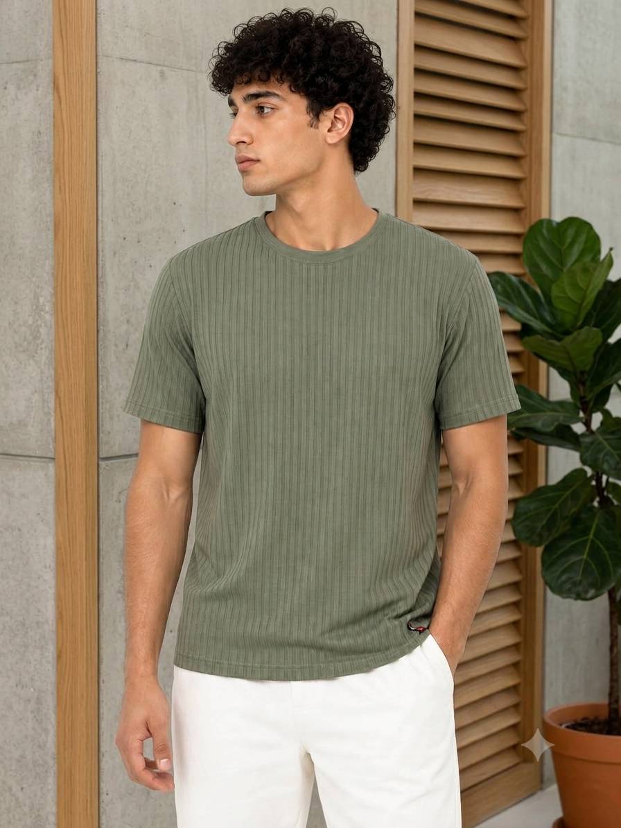 Men's olive green jacquard crew-neck t-shirt
