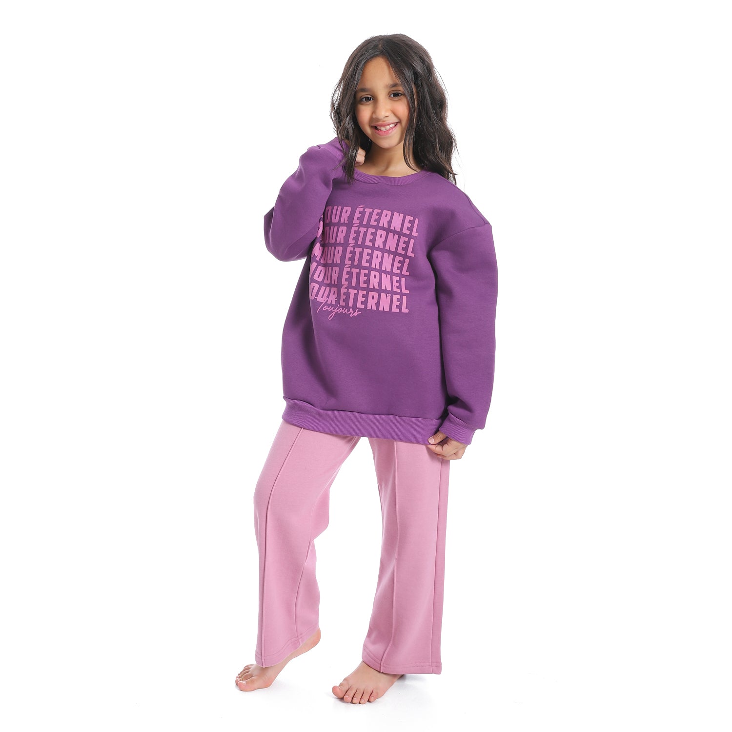 Cute Purple Winter Pajama Set with Wide Leg Trousers for Girls