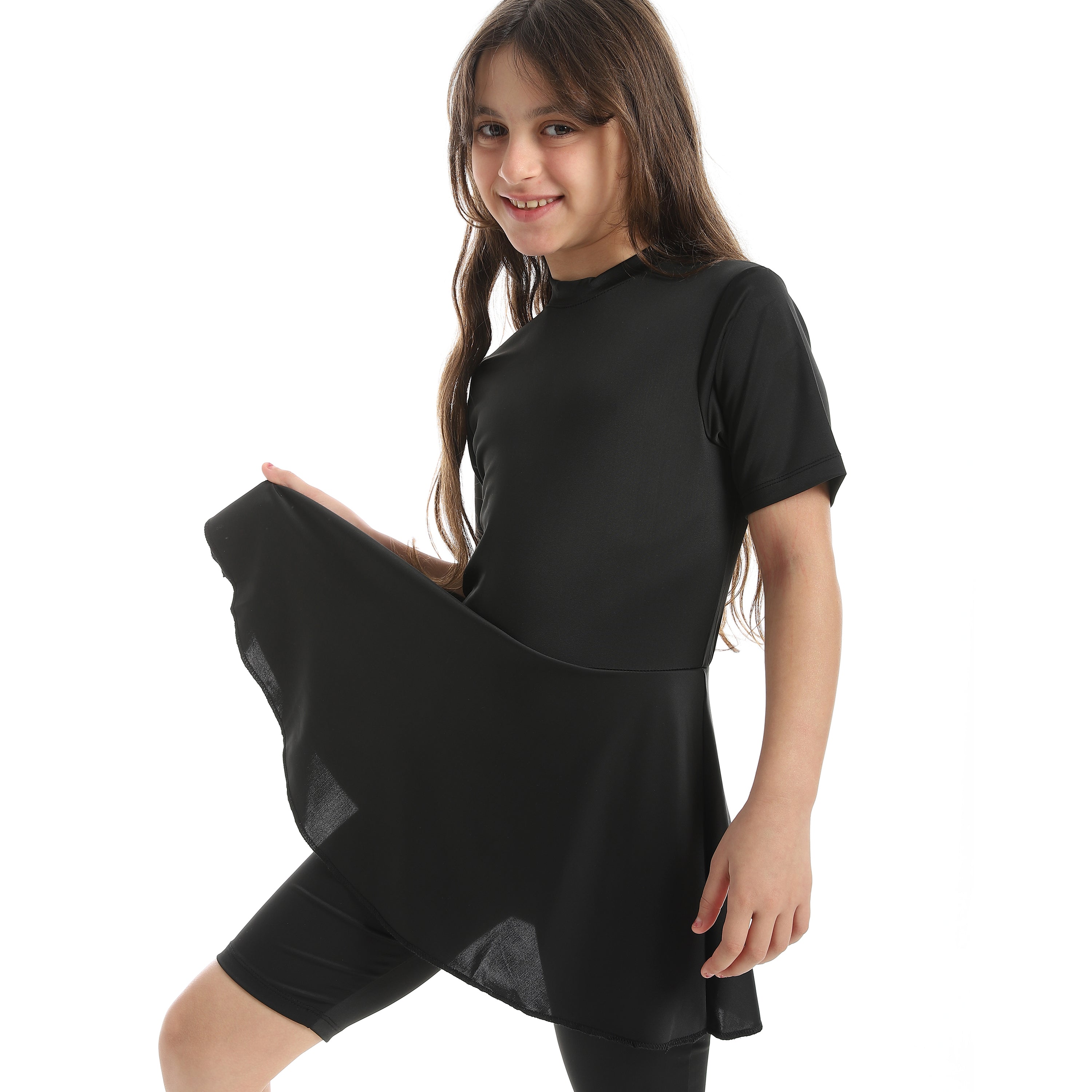 Girls’ Modest Swimwear Set – Short Sleeve Top with Shorts -Black