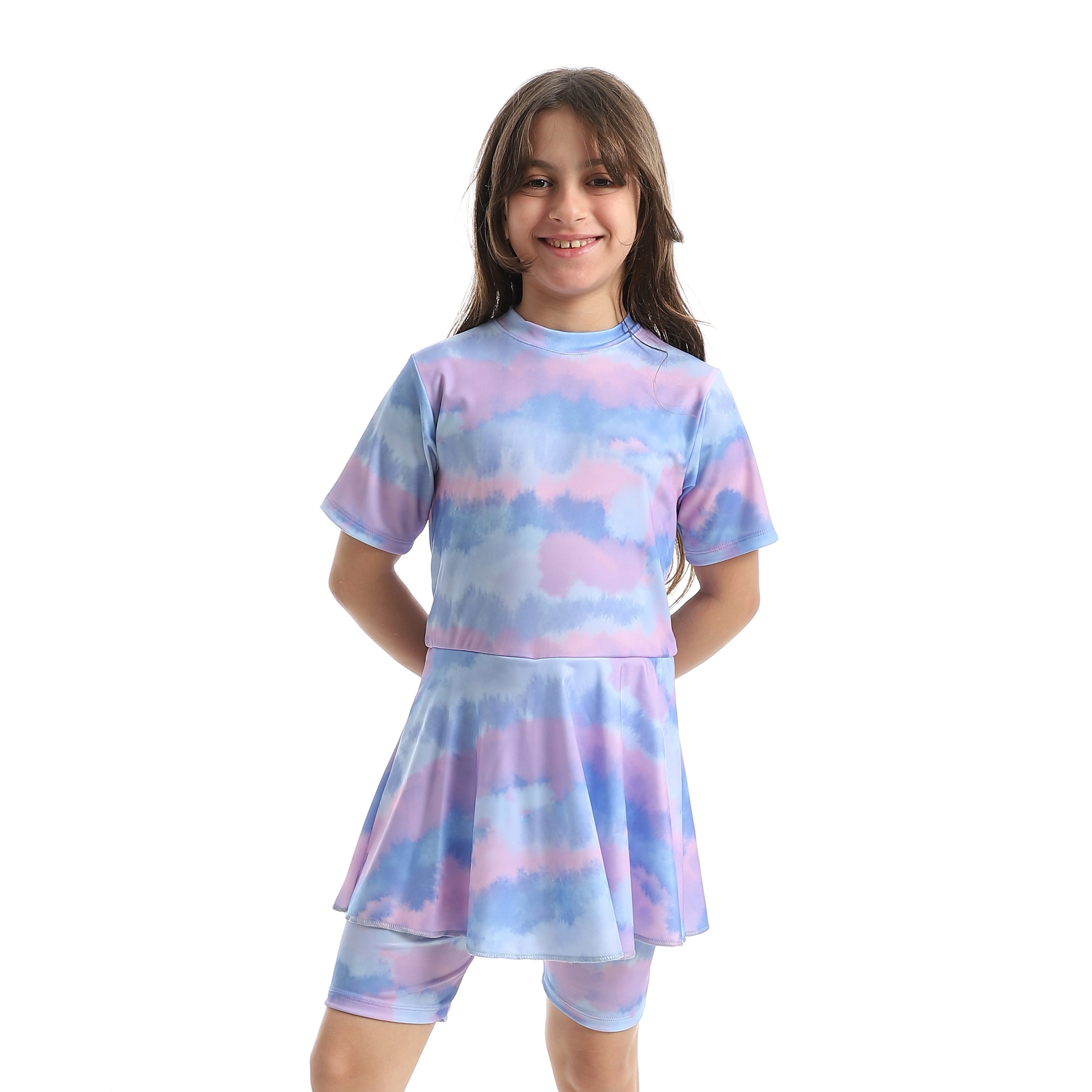 Girls’ Modest Swimwear Set – Short Sleeve Top with Shorts - Purple