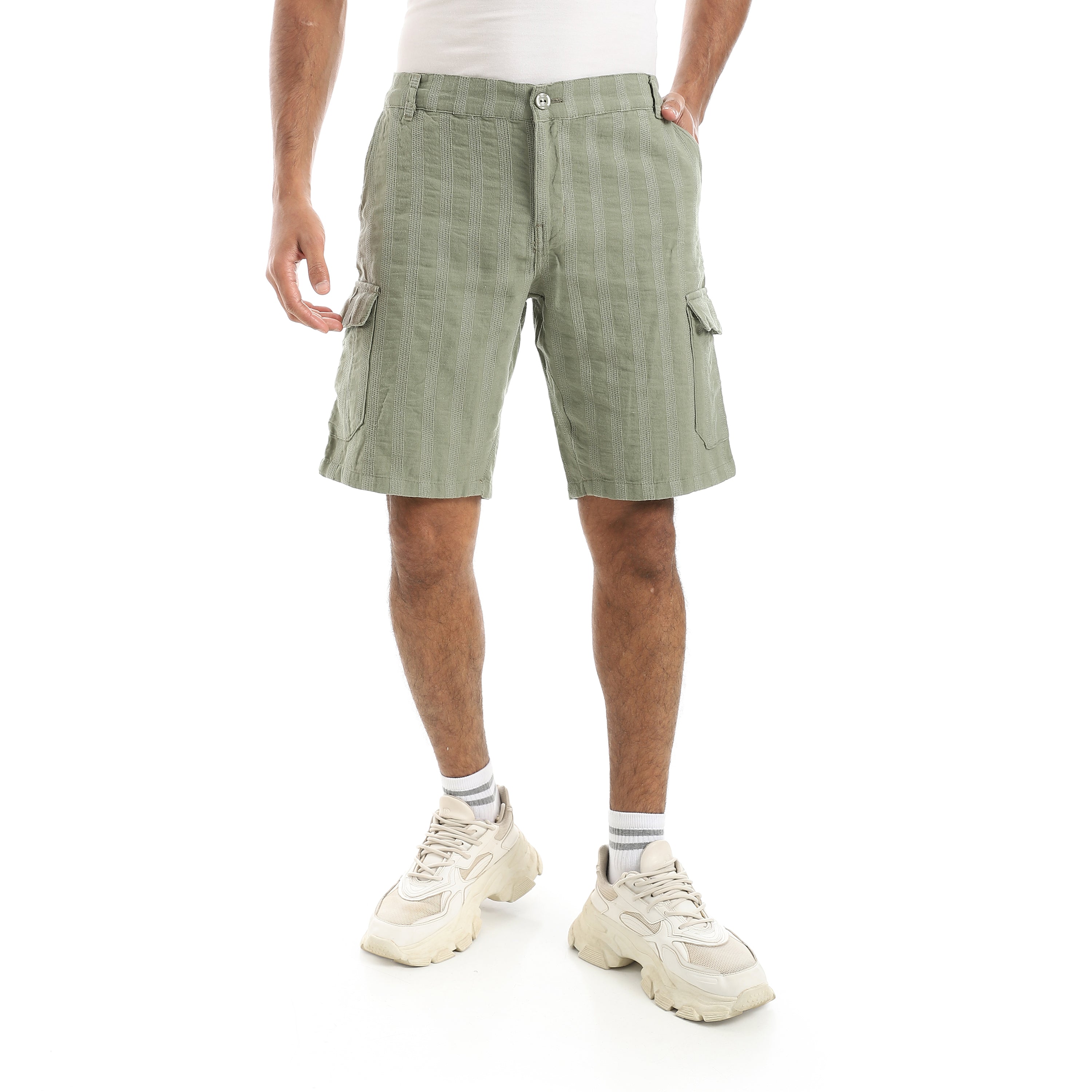 Men’s Striped Cotton-Linen Cargo Shorts – Light Olive