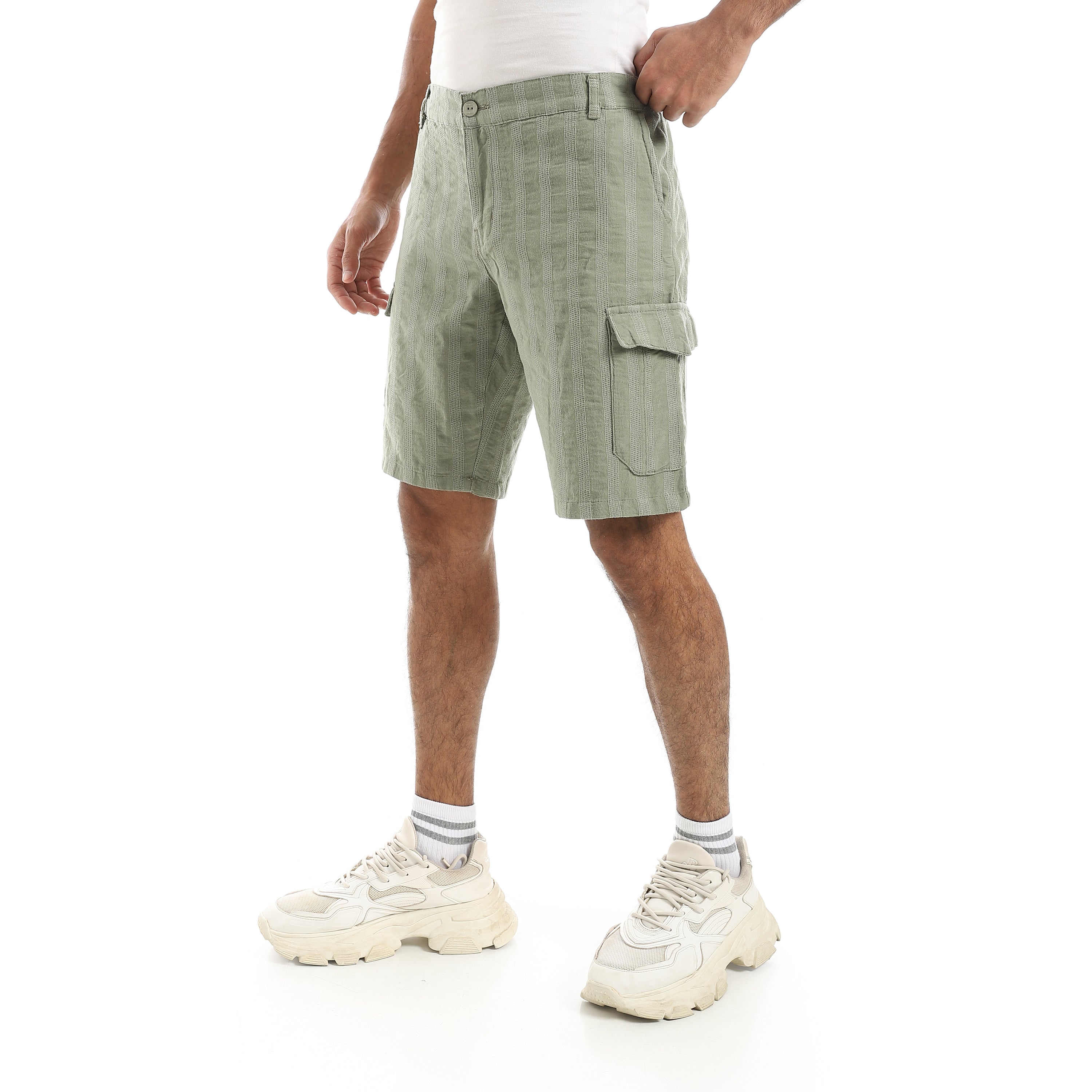 Men’s Striped Cotton-Linen Cargo Shorts – Light Olive