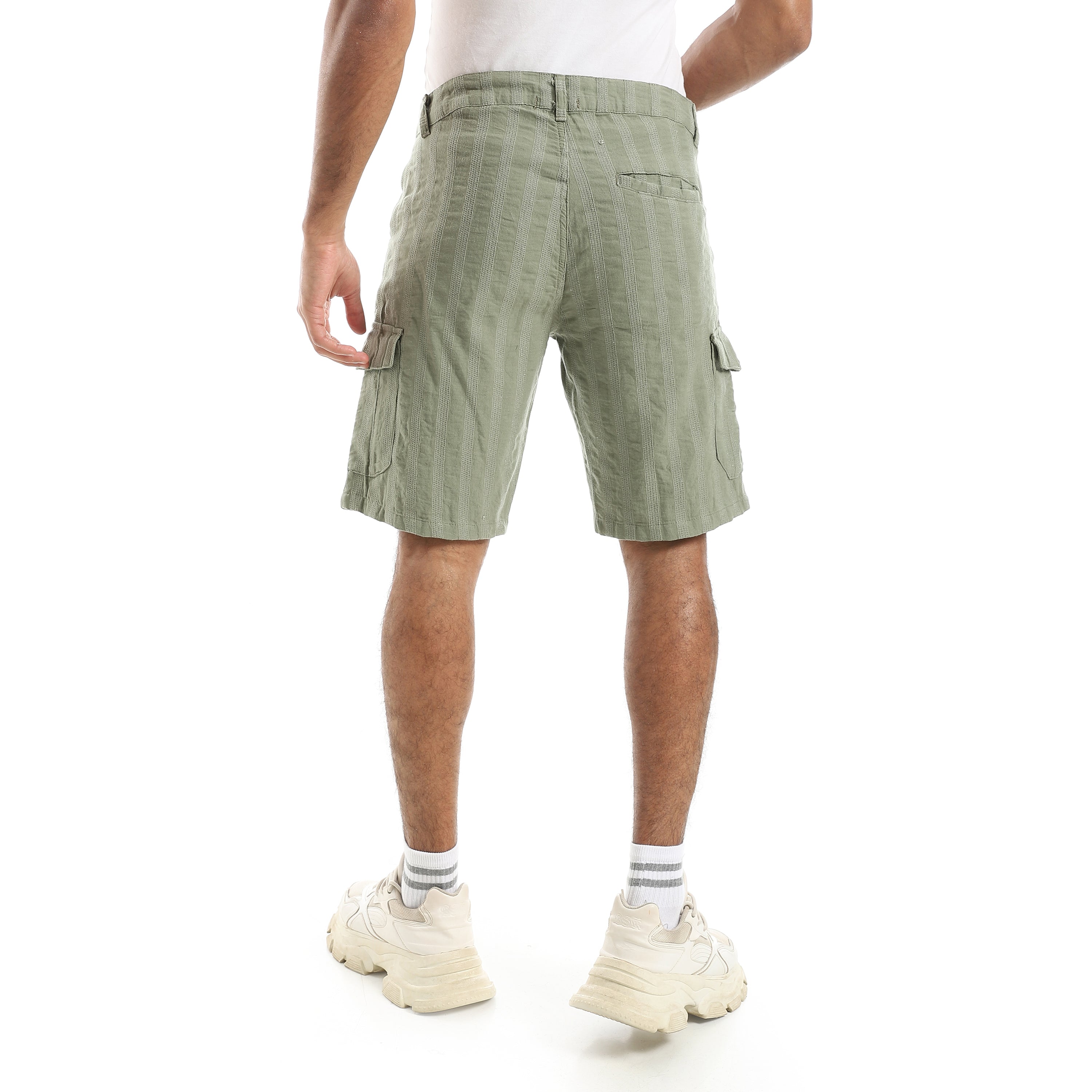 Men’s Striped Cotton-Linen Cargo Shorts – Light Olive