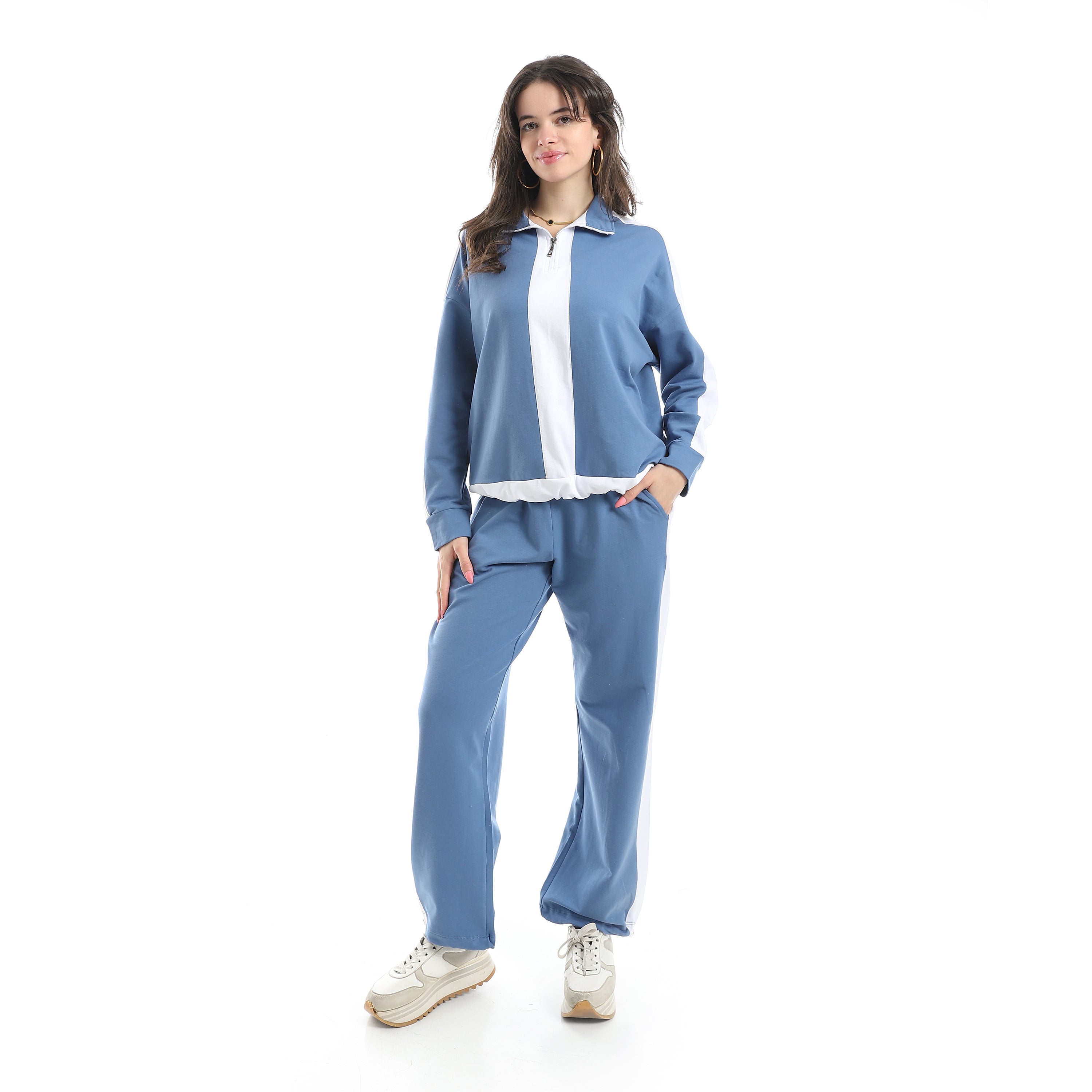 Women's Two-Tone Zip-Up Tracksuit – Blue & White