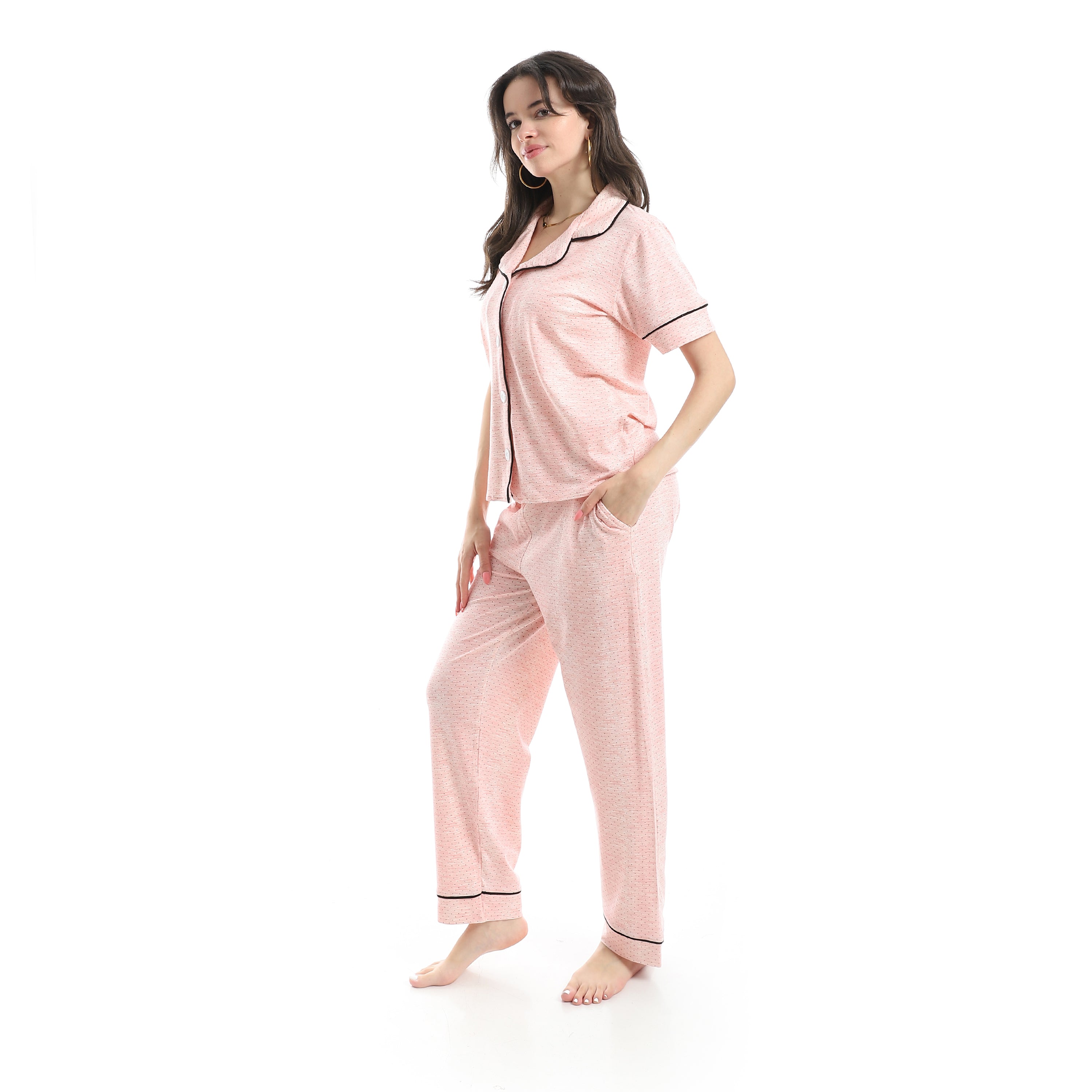Women’s Pink Button-Down Pajama Set with Black Piping