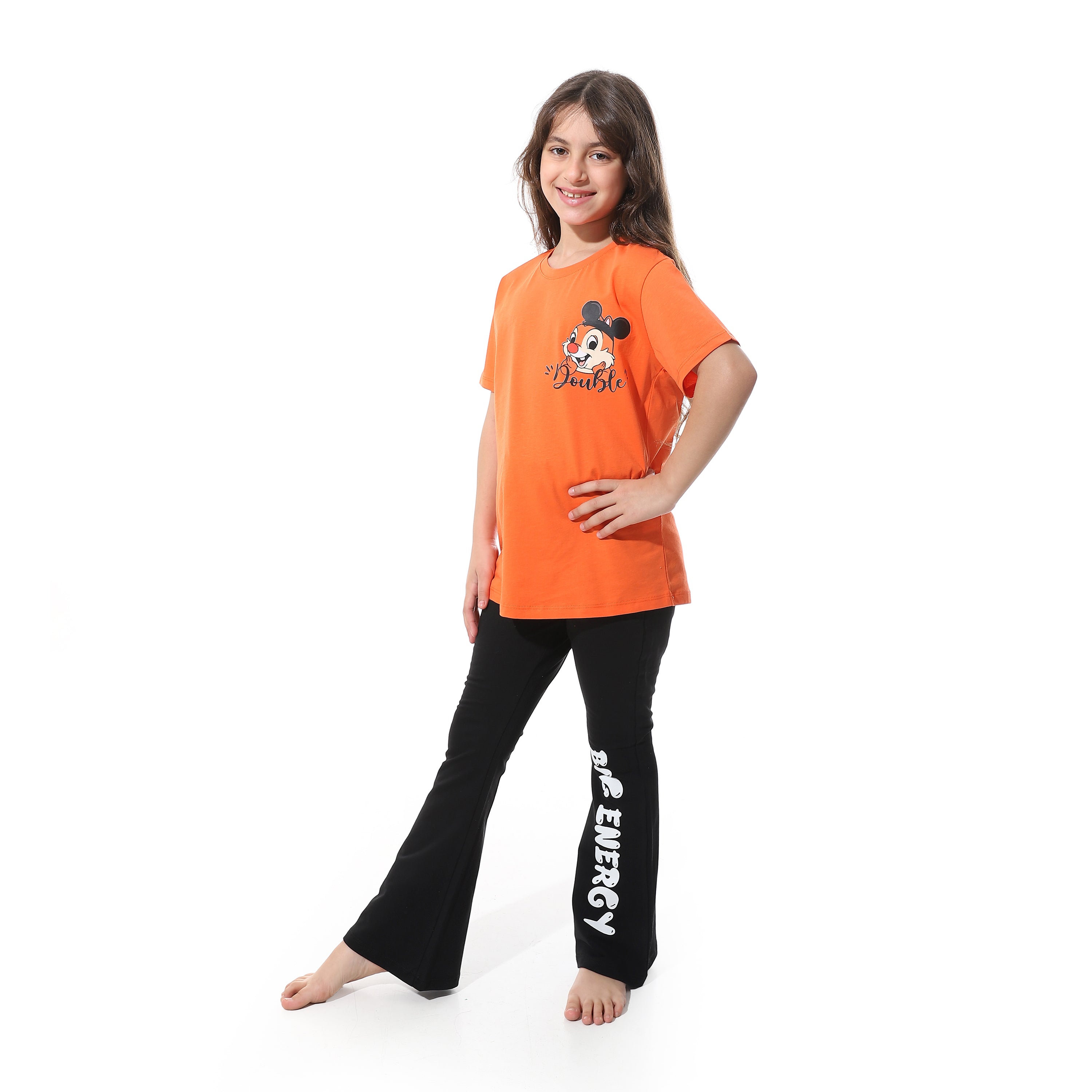 Girls' Cartoon Printed Pajama Sets with Back Print -Orange