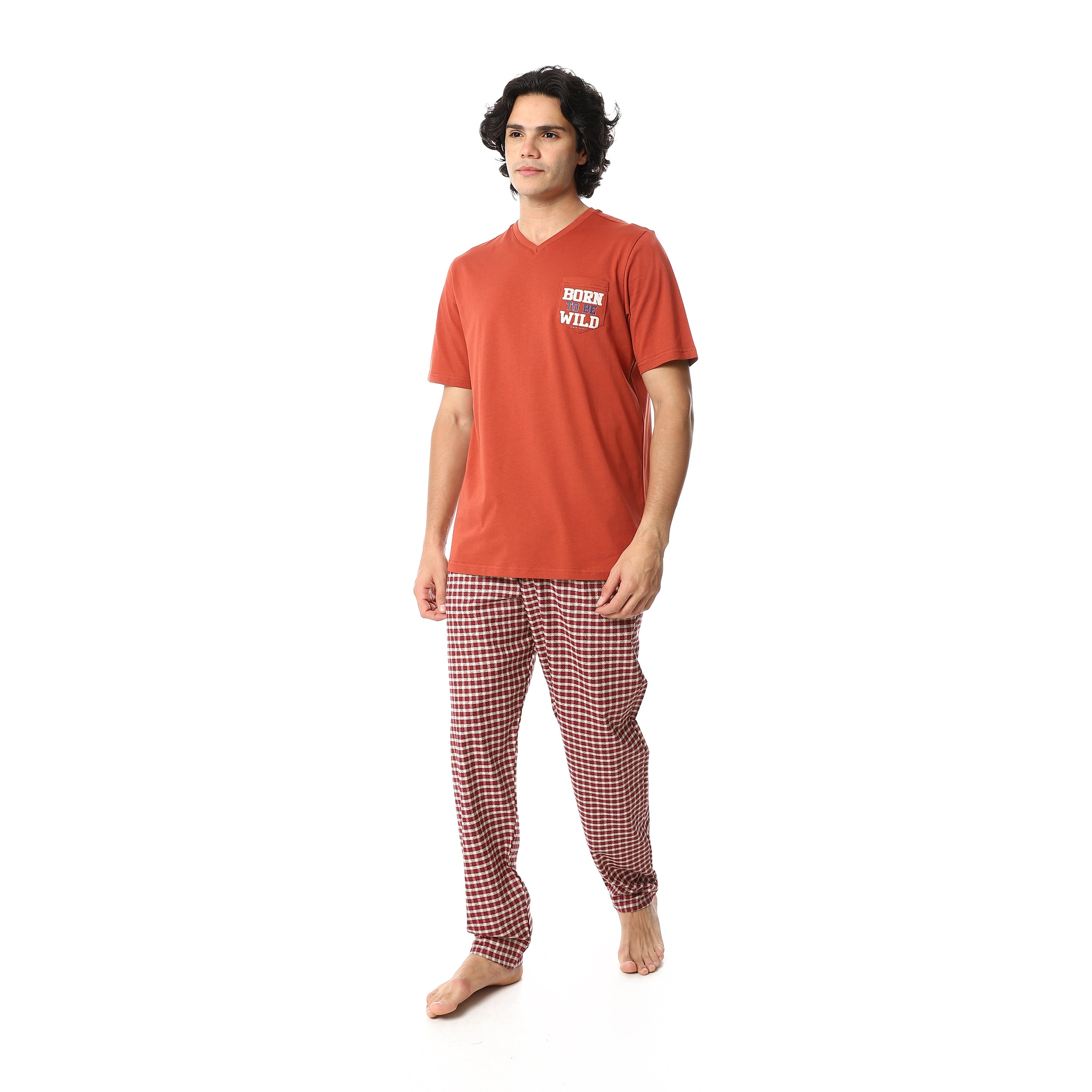 Men's Cotton Pajama Set – “Born Wild” V-Neck T-Shirt & Brown Checkered Pants