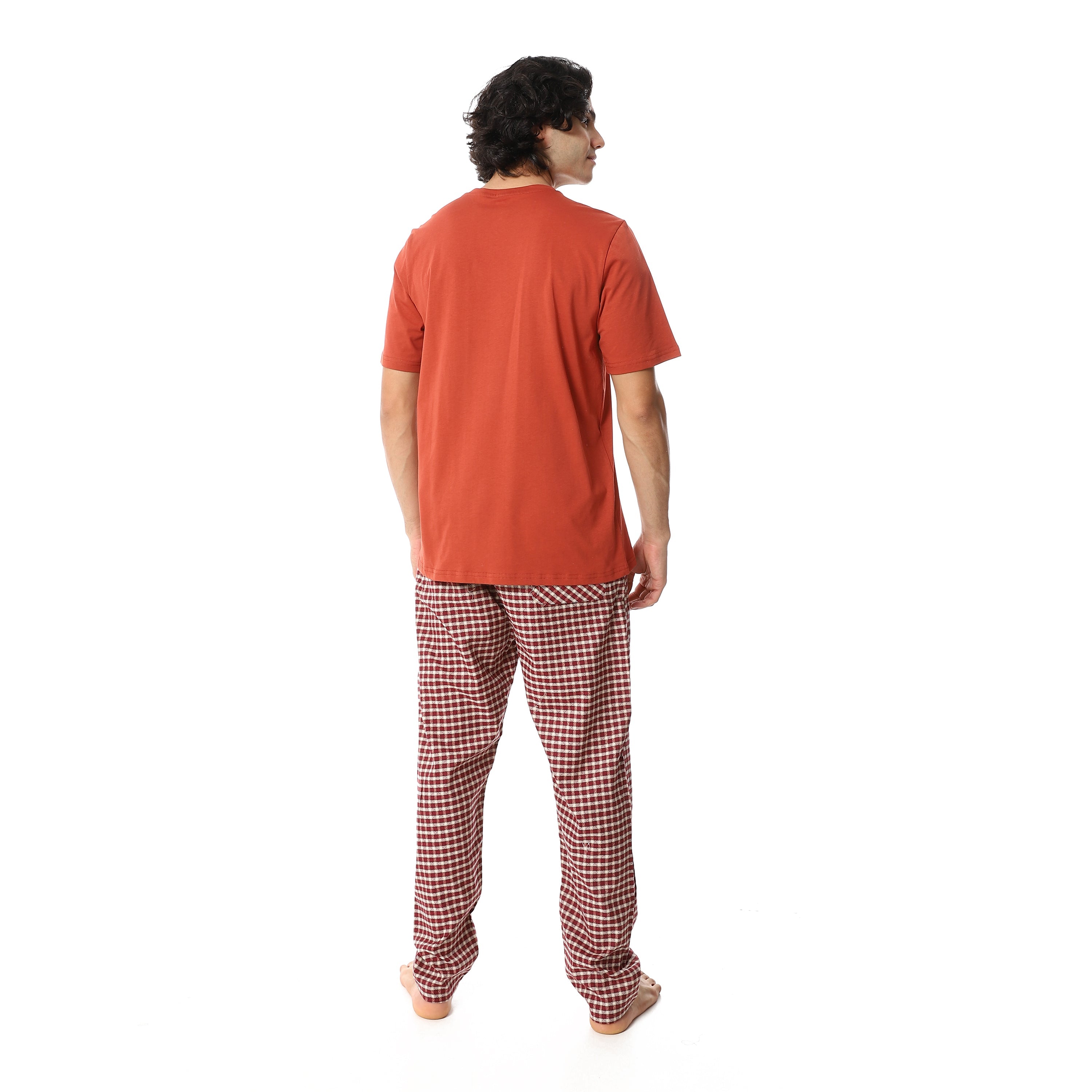 Men's Cotton Pajama Set – “Born Wild” V-Neck T-Shirt & Brown Checkered Pants