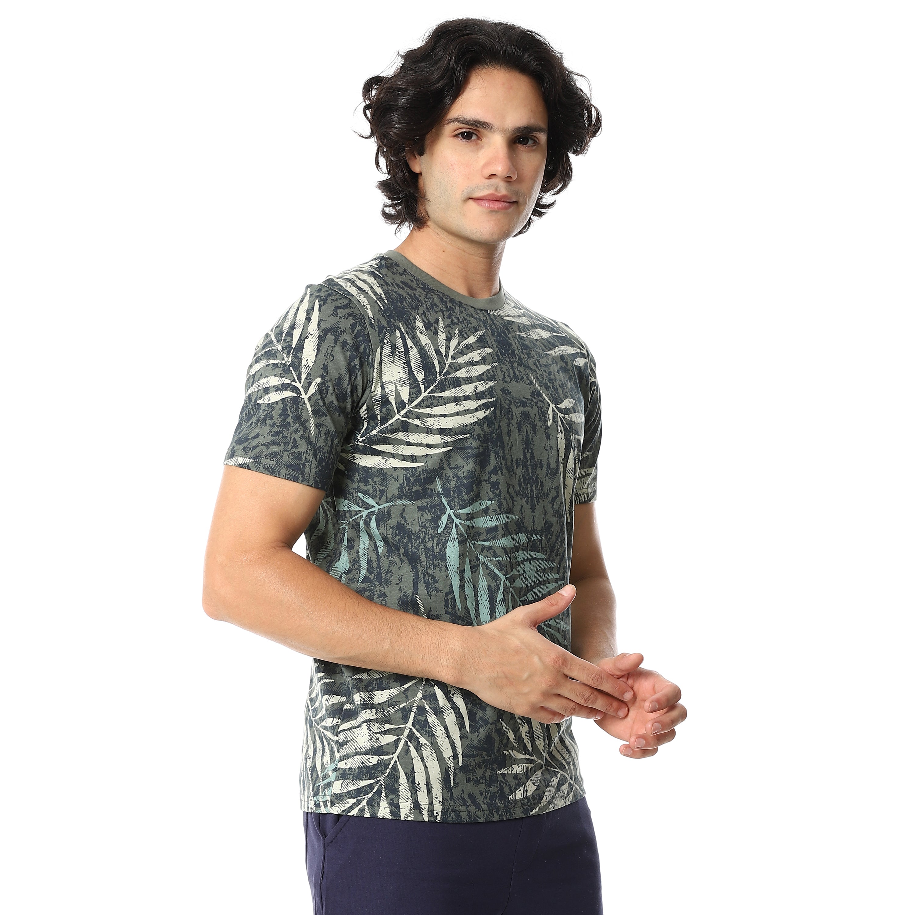 Olive Palm Leaves Tee & Solid Navy Shorts Pajama Set