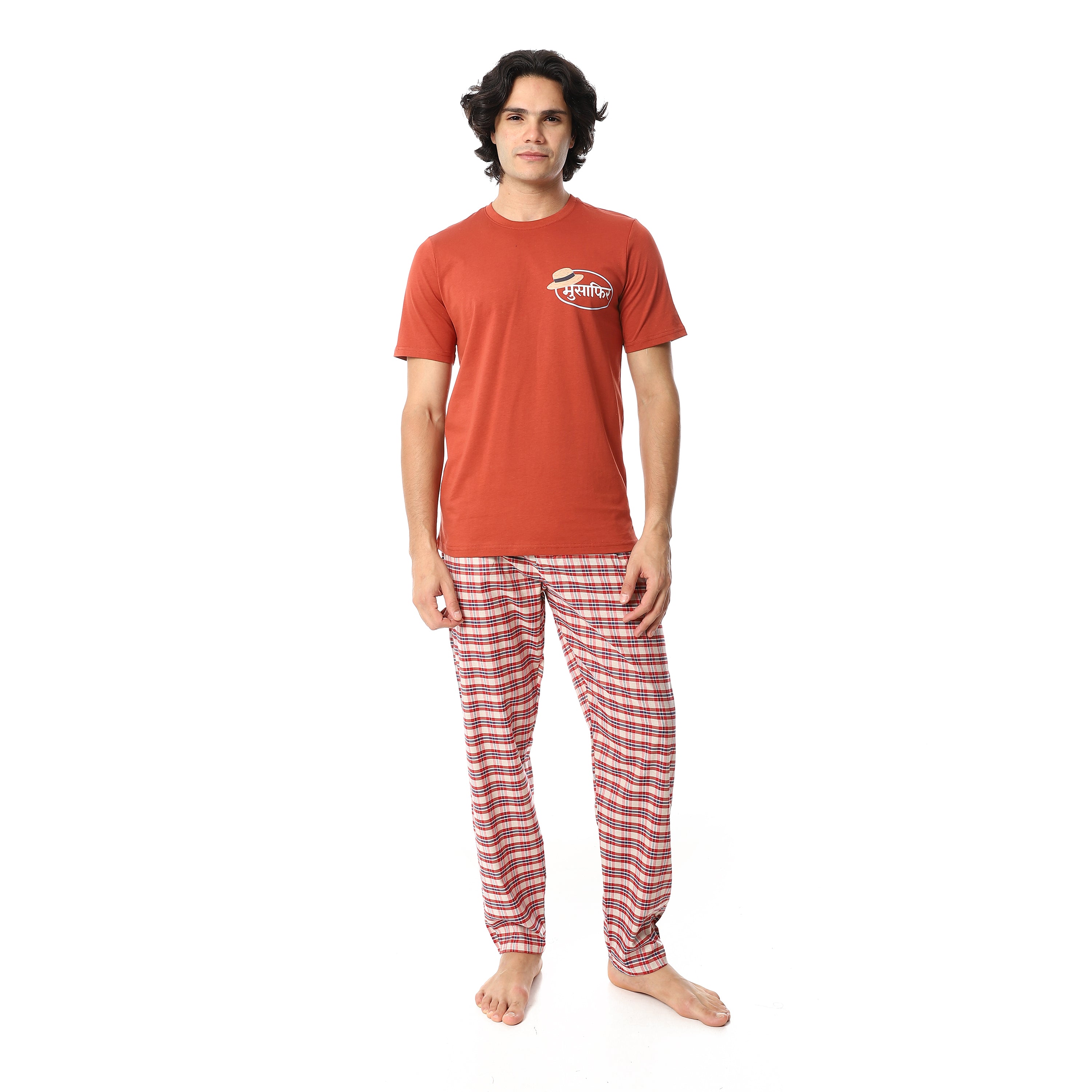 Men's Cotton Pajama Set – Orange Round neck T-Shirt & Red Checkered Pants