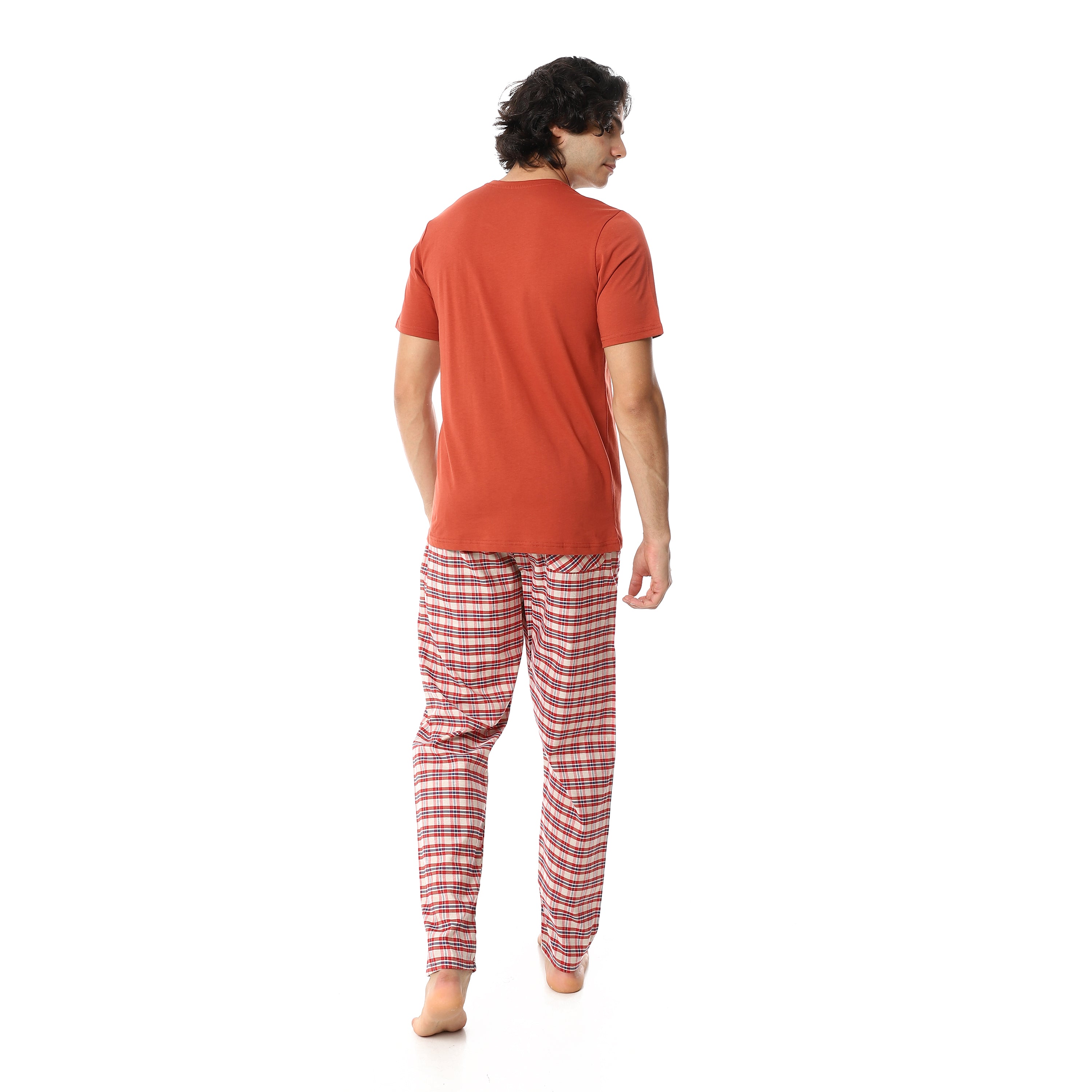 Men's Cotton Pajama Set – Orange Round neck T-Shirt & Red Checkered Pants