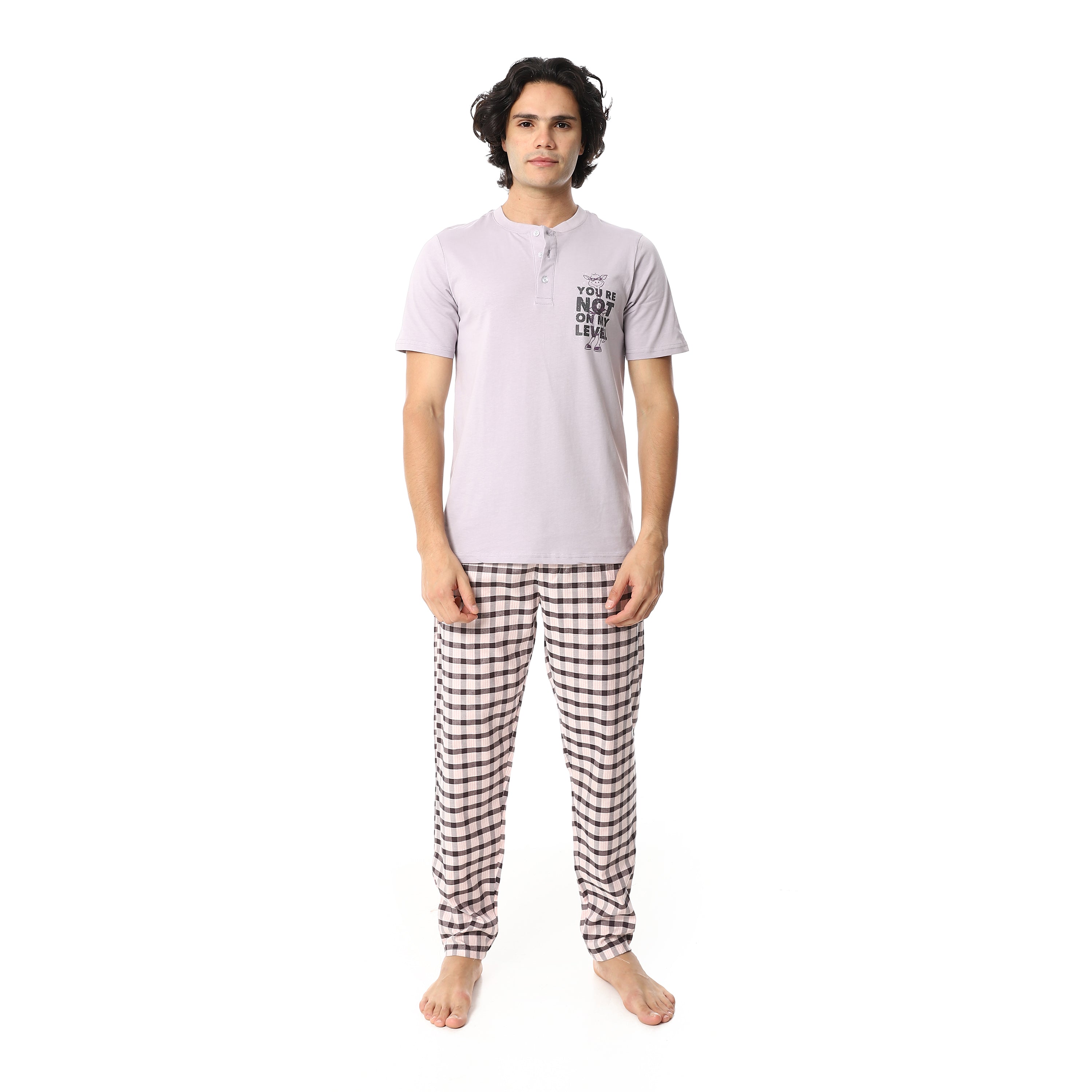 Men’s Cotton Pajama Set – Lavender Henley T-Shirt with Black & White Checkered Pants