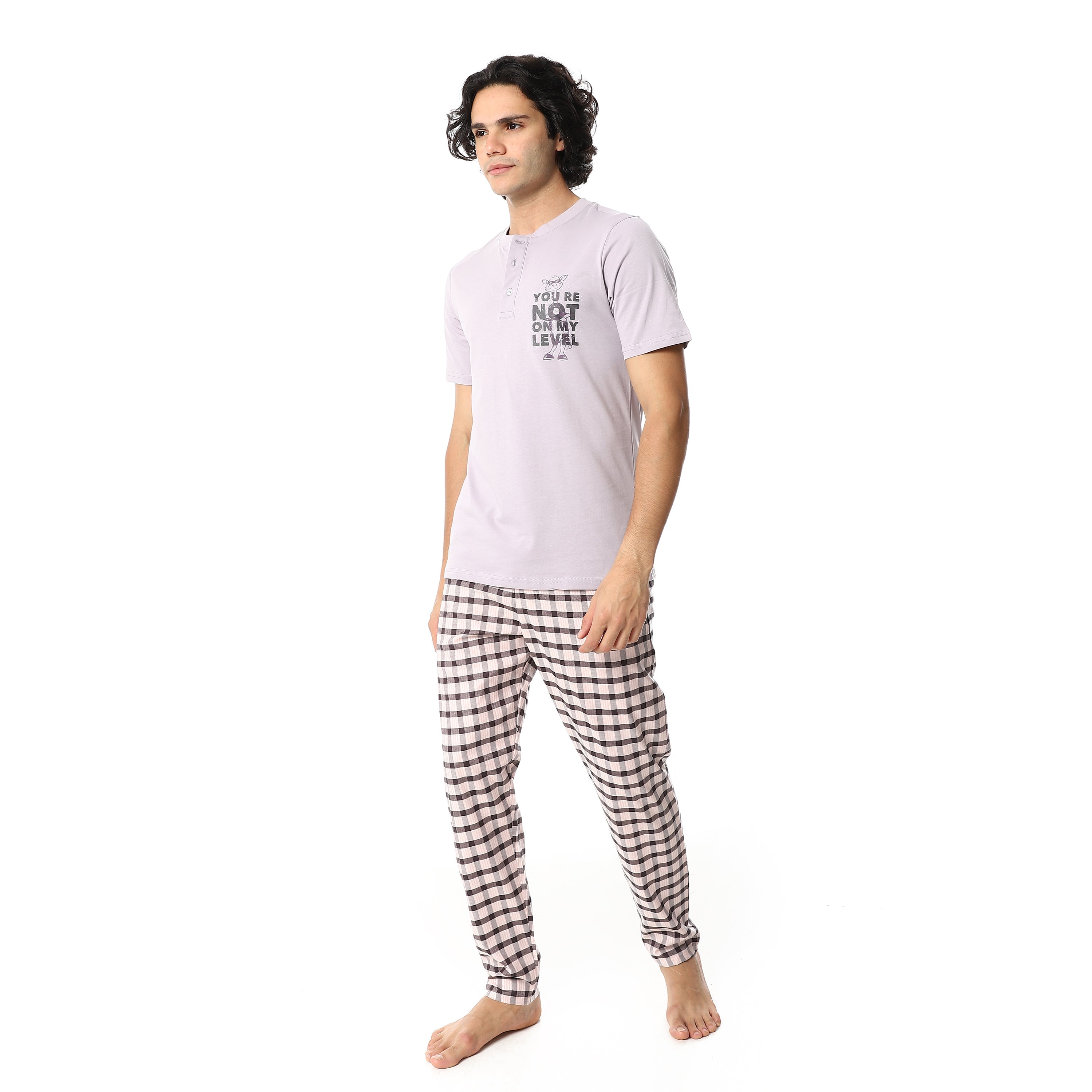Men’s Cotton Pajama Set – Lavender Henley T-Shirt with Black & White Checkered Pants