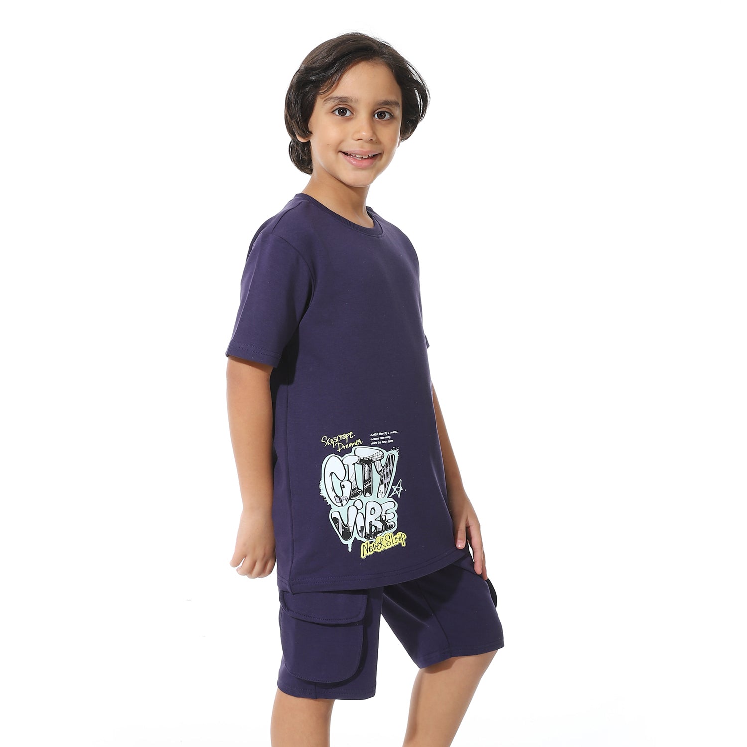 Navy Printed Cargo Shorts Set for Boys – Summer Melton Vibes