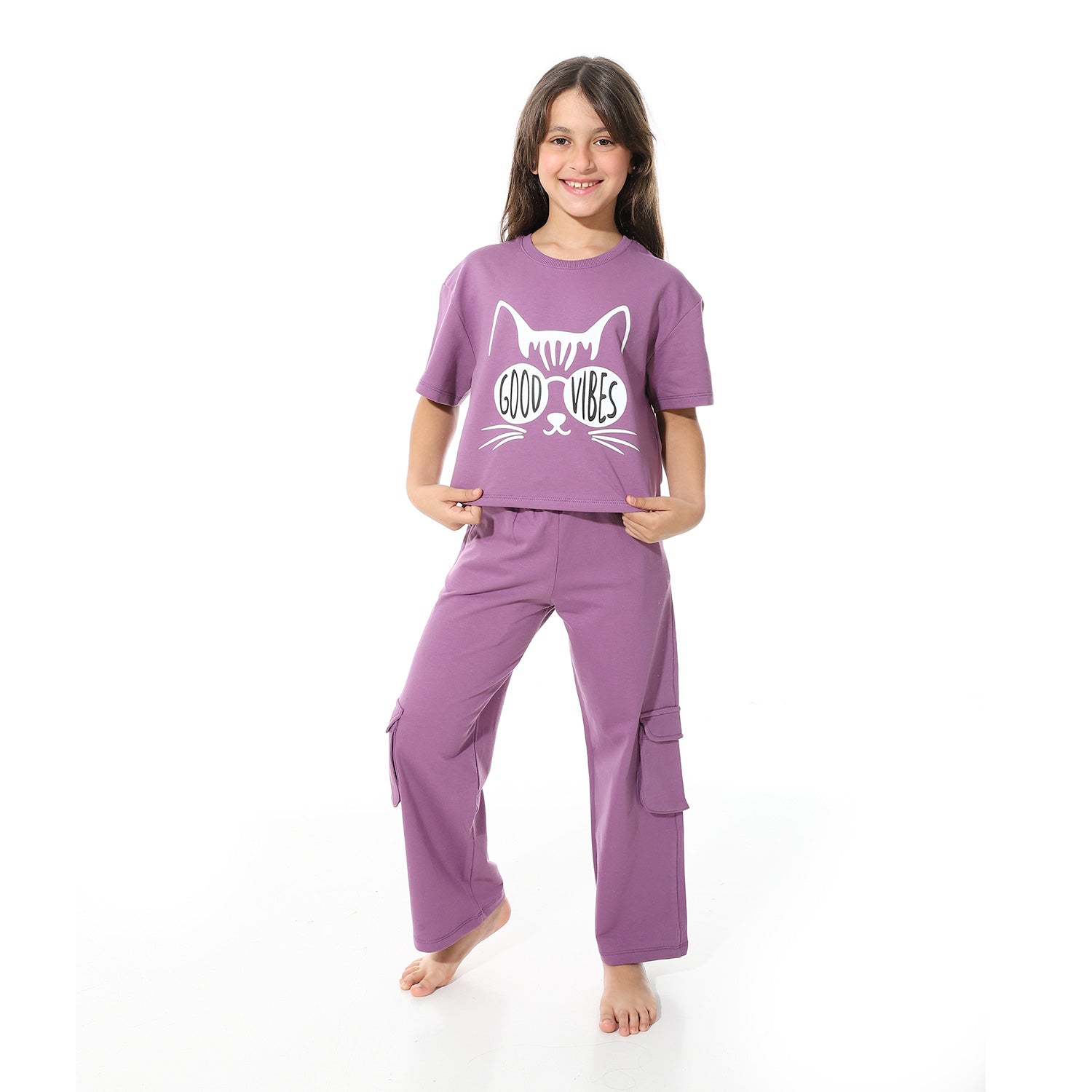 Girls' Purple Crop Top & Wide Leg Pants Set