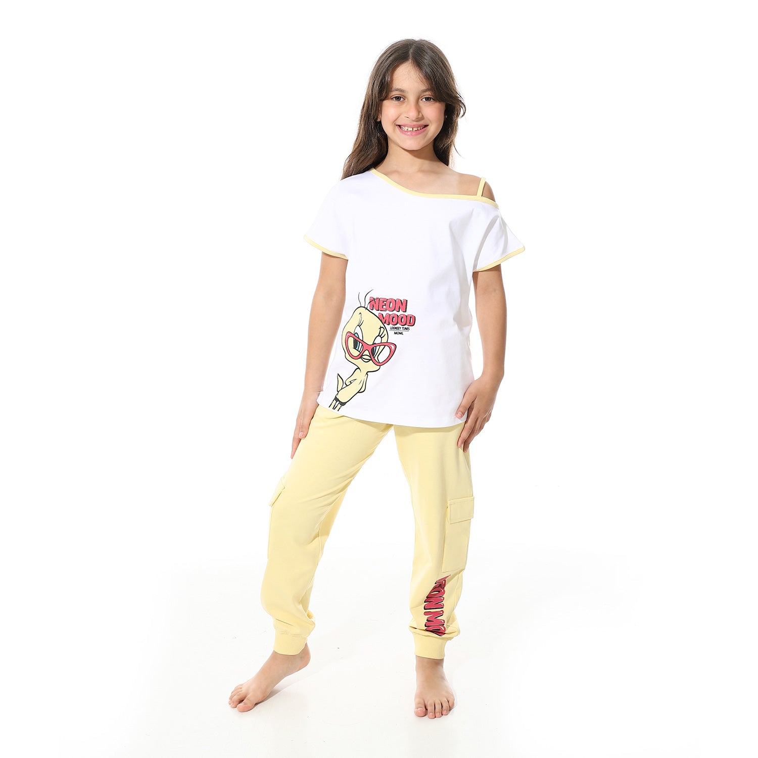Girls’ Tweety Cartoon Pajama Set – White and Yellow