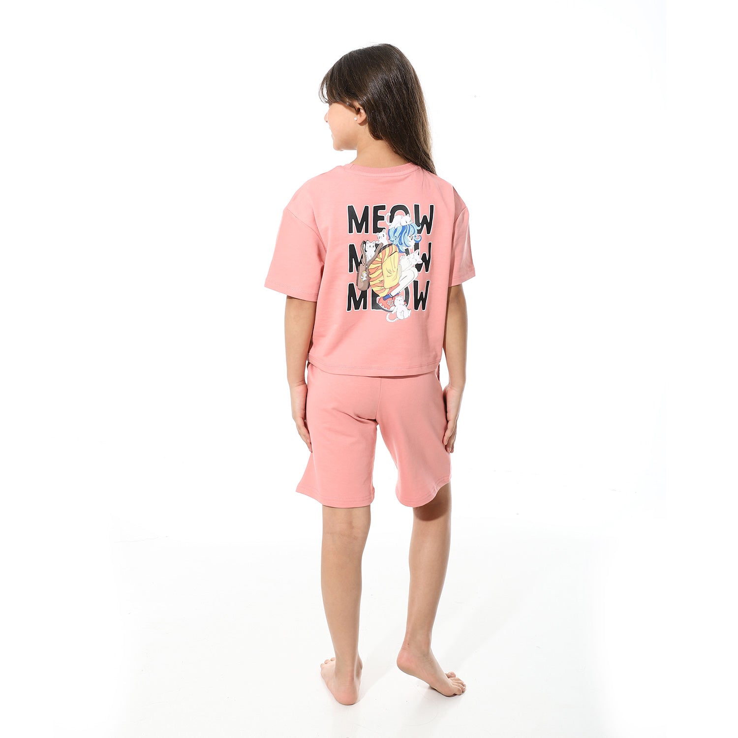 Girls’ Pink Meow Printed Short Set