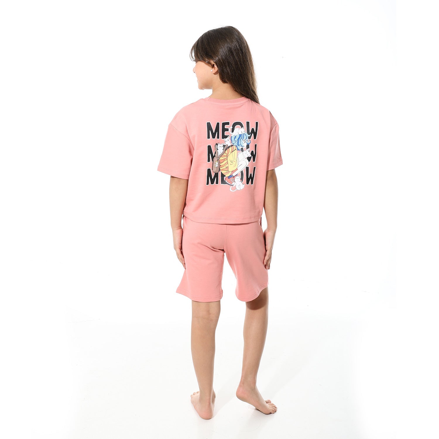 Girls’ Pink Meow Printed Short Set