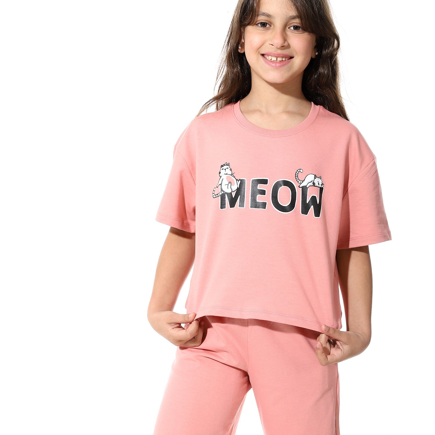Girls’ Pink Meow Printed Short Set