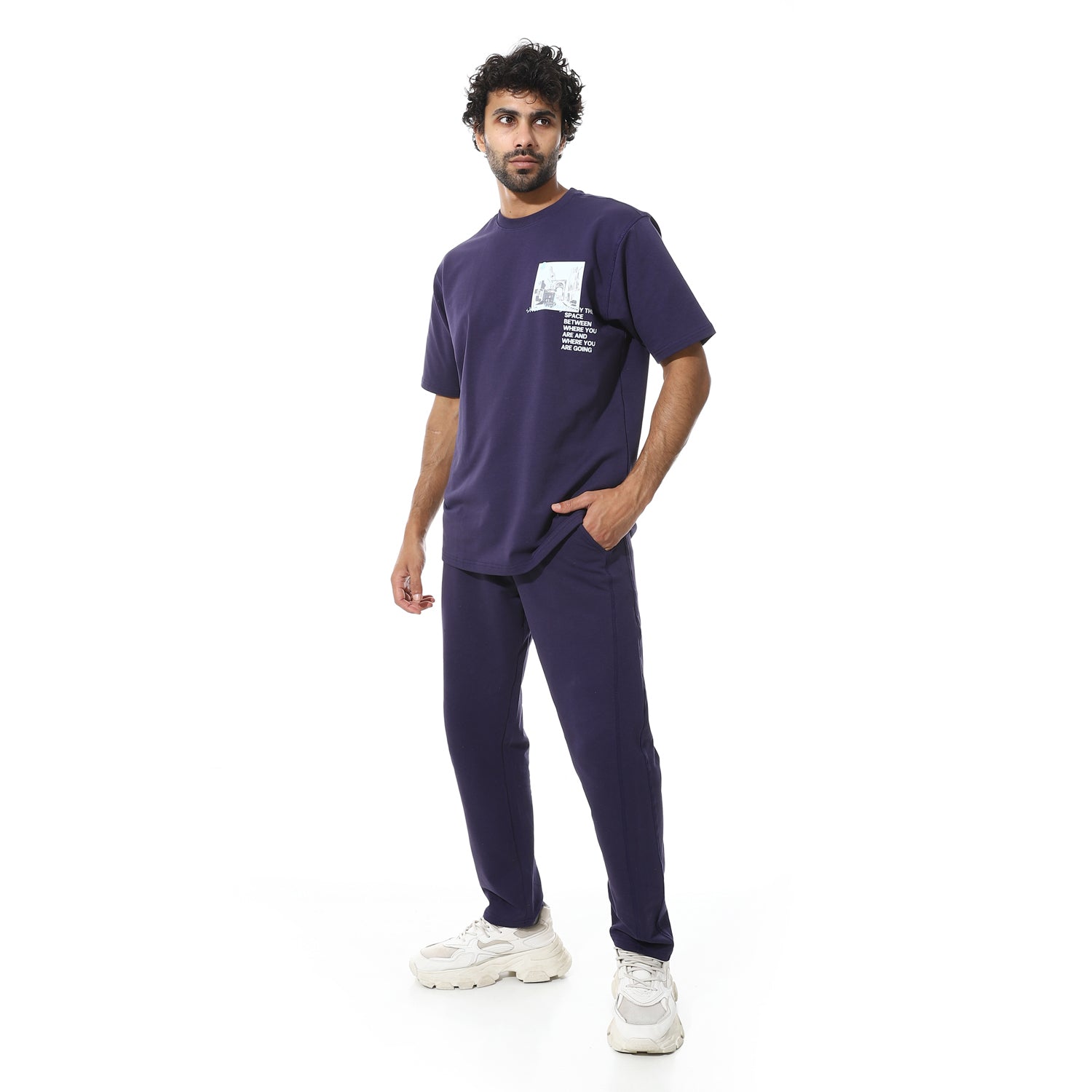 Men's Relaxed Fit Navy Lounge Set with Bold Side Print