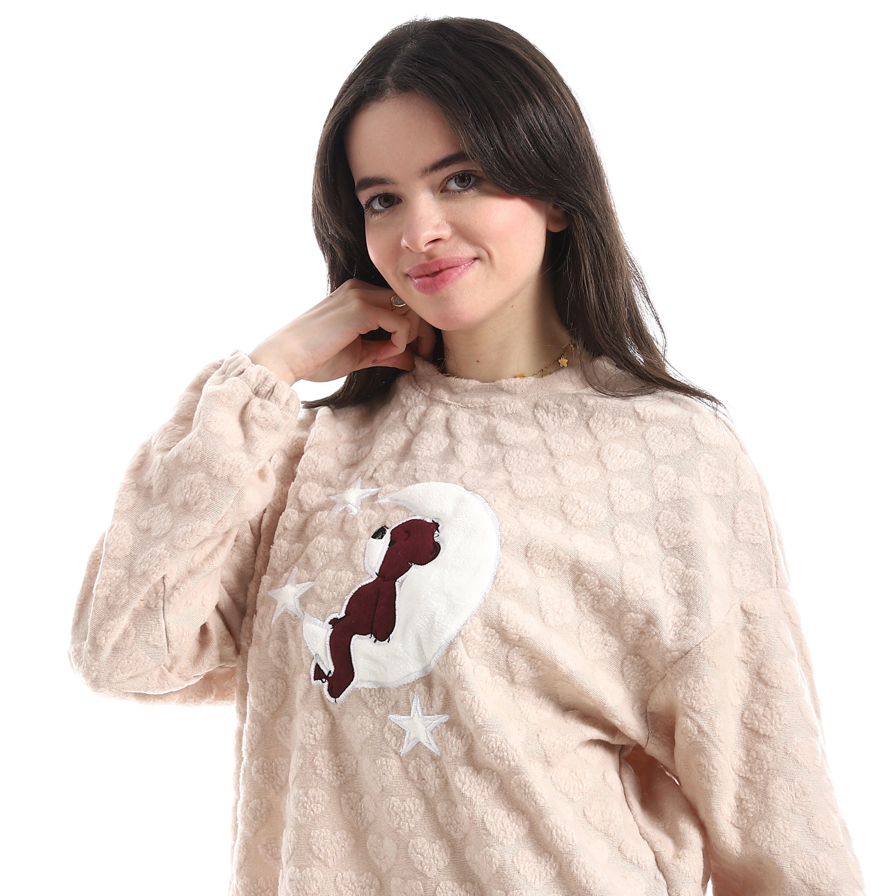 Teddy Bear & Moon Embossed Heart Fleece Pajama Set