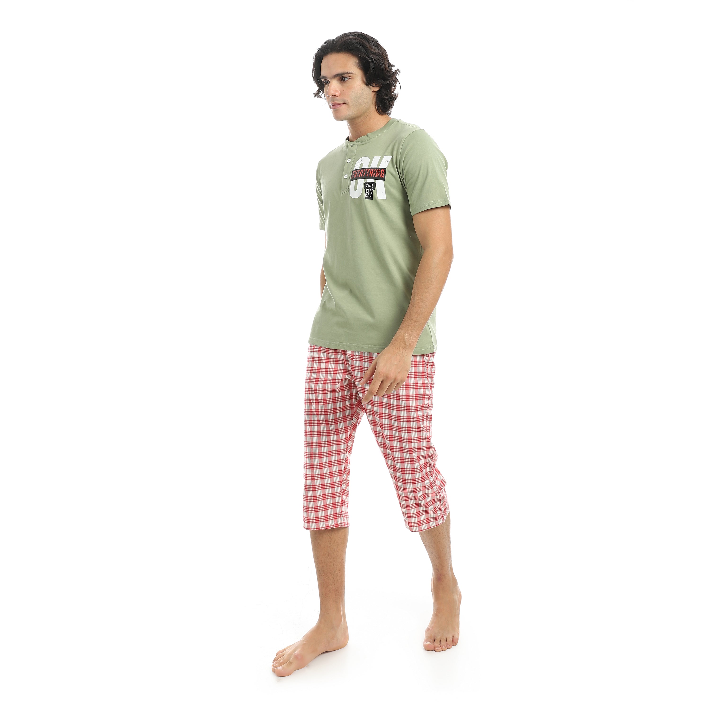 Men’s Cotton Pajama Set – Olive Henley T-Shirt Checkered Pantacourt